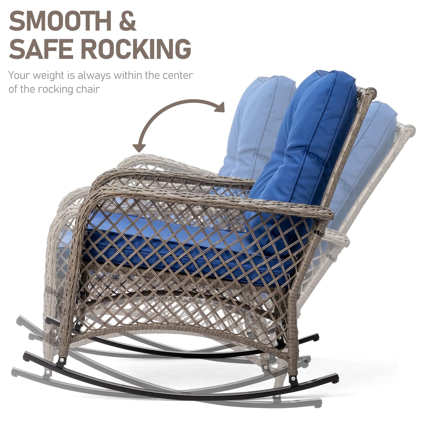 Outvita Outdoor Wicker Rocking Chair, Patio Rattan Rocker Chair w/Cushions & Steel Frame, All-Weather Rocking Lawn Wicker Furniture for Garden Backyard Porch Deck (Navy Blue)