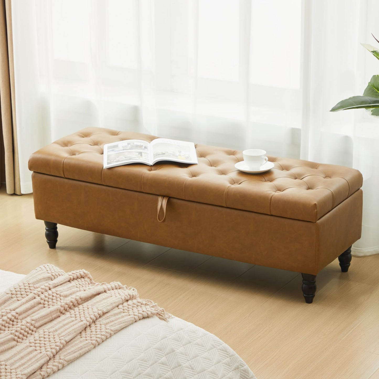 Hicosit 51 Inch Ottoman, Storage Bench Foot of Bed, Faux Leather Large Rectangular Upholstered Footstool for Bedroom End of Bed, Living Room, Entryway (PU Brown)
