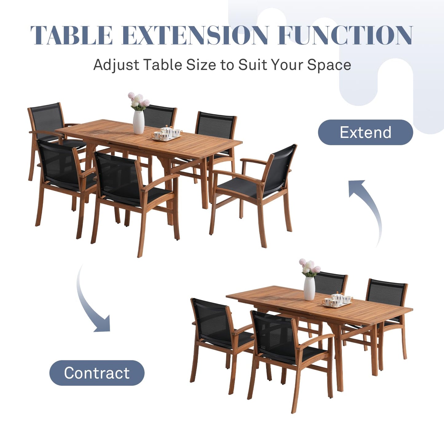 OC Orange-Casual Patio Furniture Set, Acacia Wood Patio Dining Set for 6-8, Outdoor Expandable Table and Chairs Set with Umbrella Hole and Breathable Textilene Fabric for Garden (Black, 5 Pieces)