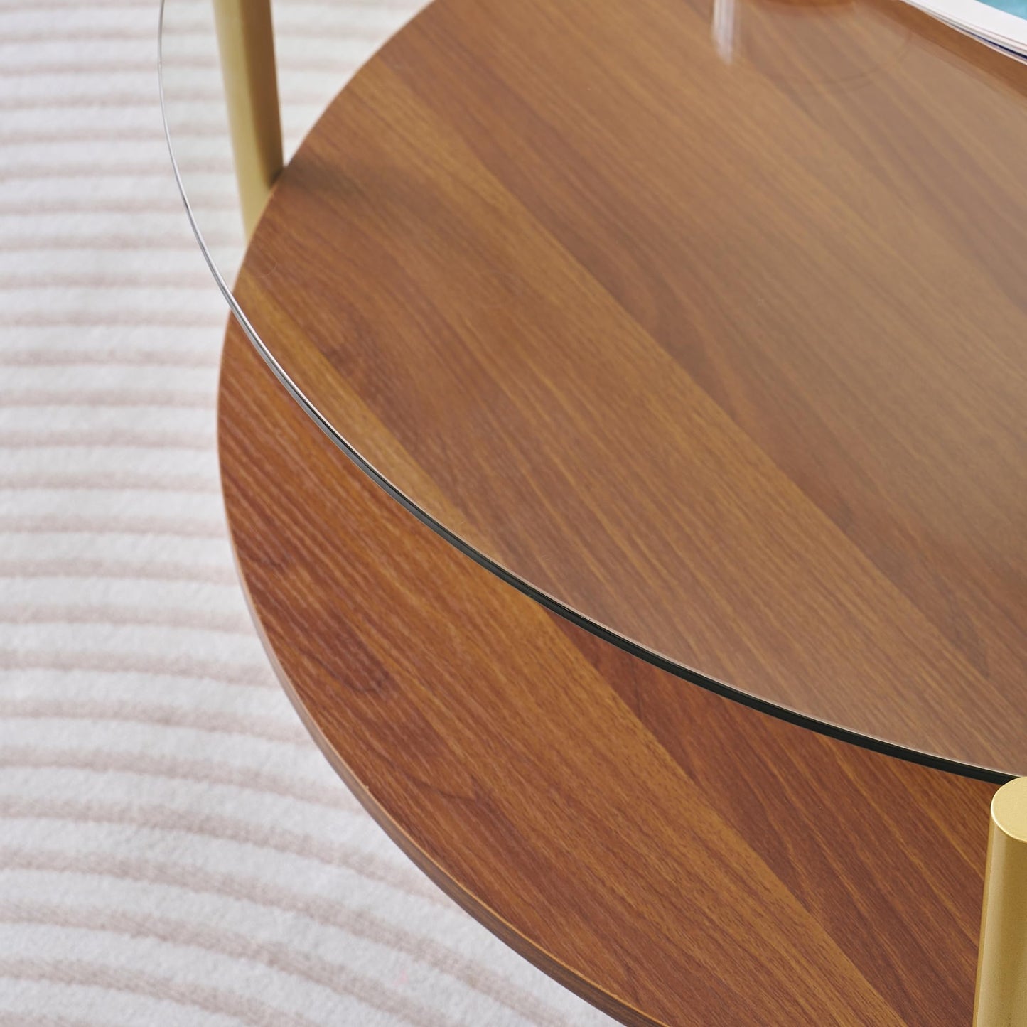 LumFurn Extra Large Round Coffee Table, Mid-Century Modern Design, D34 x H17 in, for Living Room, 2-Tier Structure, Clear Glass Top and Walnut MDF Shelf, Sleek Conical Metal Legs with Gold Finish