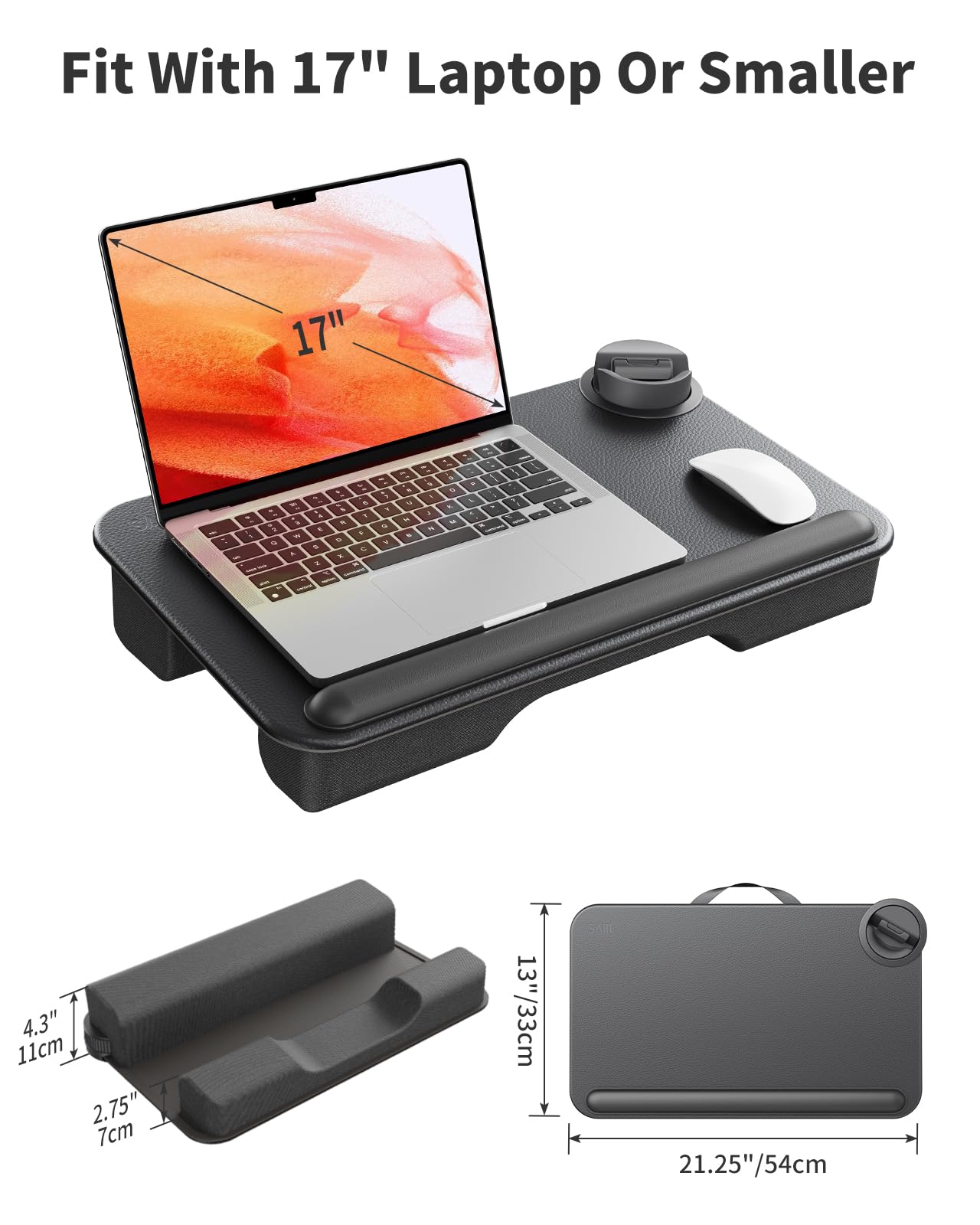 SAIJI Laptop Lap Desk - Fits Up to 17" Laptops, Lightweight Lap Tray Table Stand with Soft Leather Wrist Pad, External Monitor Holder, Lap Desk with Cushion for Home Office Working/Gaming On Couch