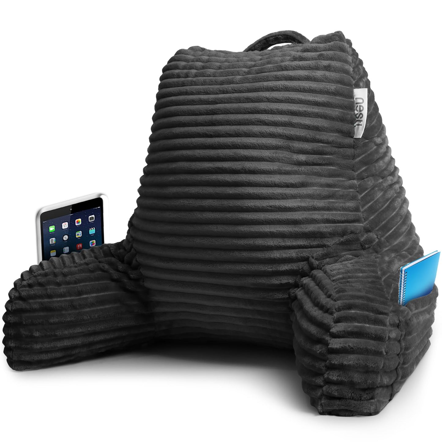 Nestl Reading Pillow with Shredded Memory Foam, Luxe Cut Plush Back Pillow for Sitting Up in Bed, Back and Arms Adjustable Support for Adult & Teens, Backrest Pillows with Washable Cover Dark Grey