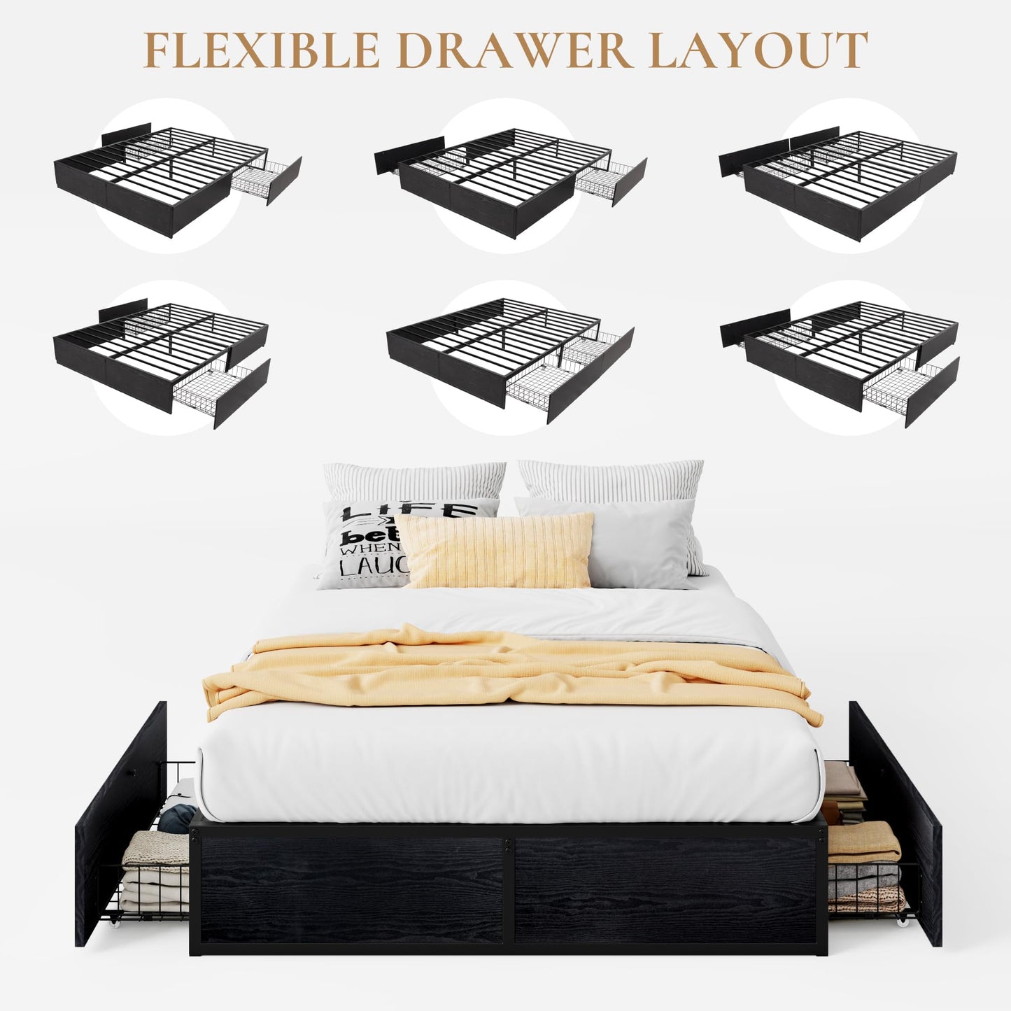 SHA CERLIN Queen Platform Bed Frame with 2 Large Storage Drawers, Rustic Wood and Metal, Noise-Free, Easy Assembly, No Box Spring Needed, Black