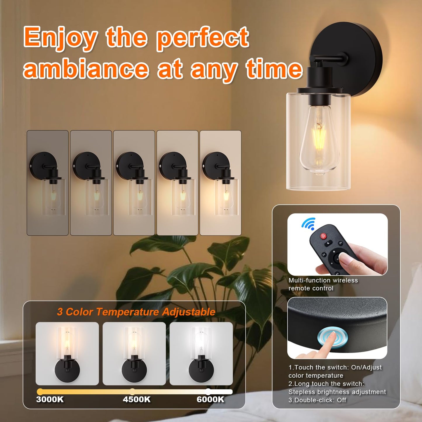 Battery Operated Wall Sconce Set of 2, Rechargeable Wall Sconce Lights with Remote, 3 Color Temperature Dimmable, E26 Edison Bulbs Magnetic Indoor Wireless Wall Lamp for Bedroom Bathroom Hallway-Black