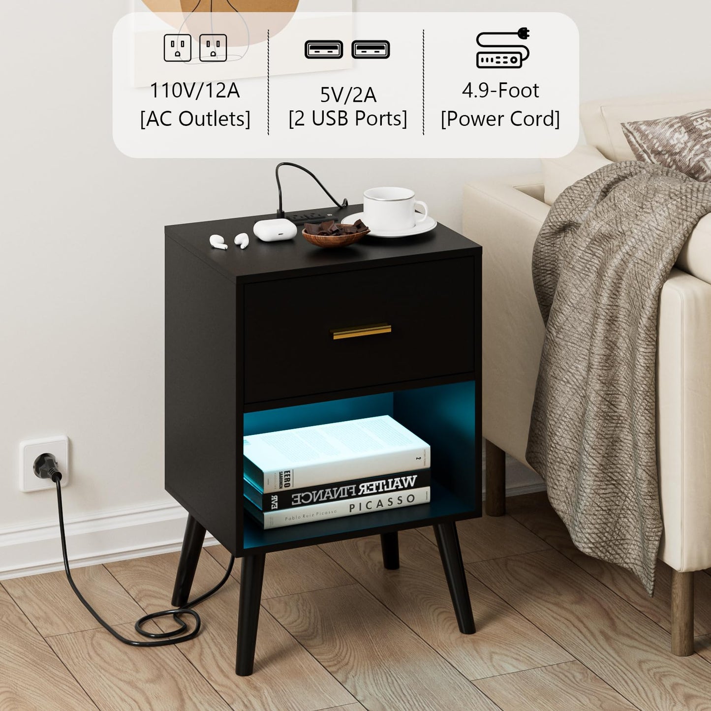 Aienvey Nightstand with Charging Station and LED Lights, Small Side Table, Bedside Table with Drawer, Modern Night Stand, End Table for Bedroom, Living Room (Black)