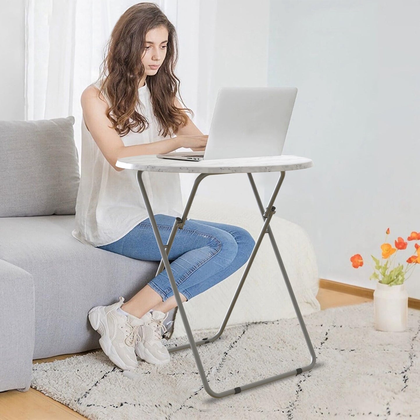 Fleecy day TV Trays Table Set of 4 Round Portable Folding TV Tray Table TV Dinner Tray with Sturdy MDF, No Assembly Required, 17.5 x 17.5 x 26 in (White Marble, 4Pcs)