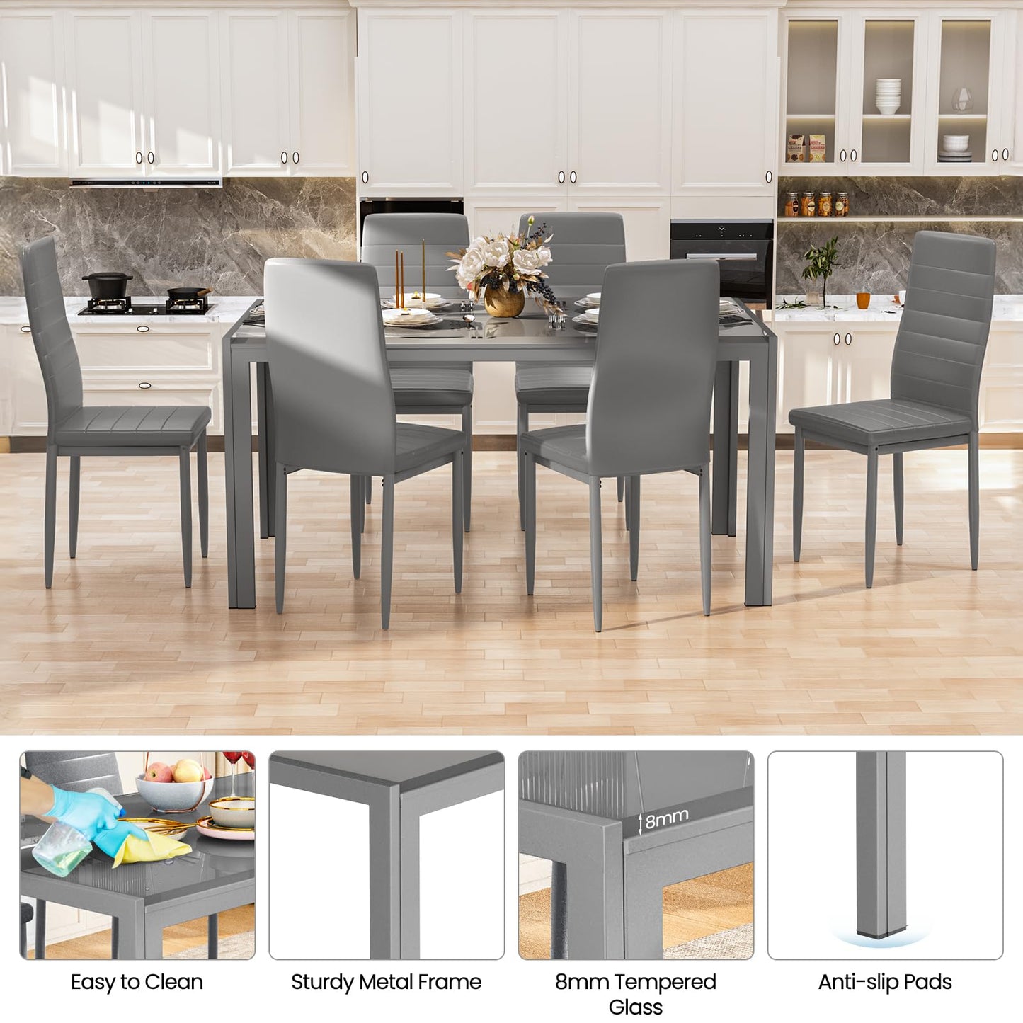 Hooseng Dining Table Set for 6, Tempered Glass Kitchen Table with 6 PU Leather Chairs, 7-Piece Dining Room Sets for Small Space, Dinette, Apartment