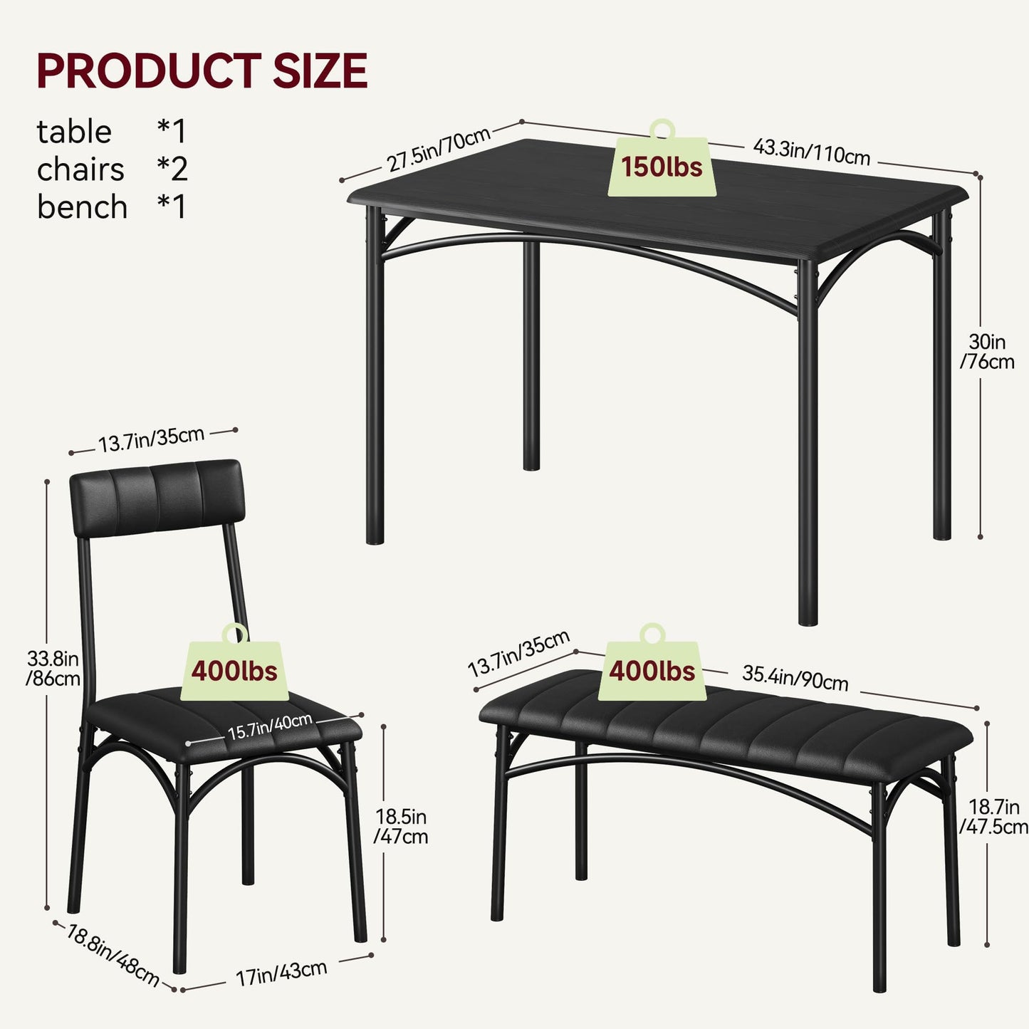 TROPOW Dining Table Set for 4, Kitchen Table and 2 Chairs & 1 Bench with Upholstered, 4 PCS Dining Table Set for Small Space, Apartment Home Kitchen