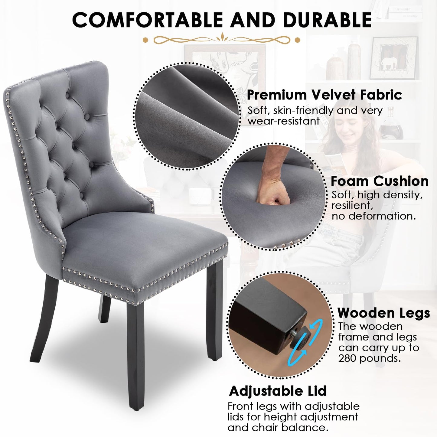 Kiztir Velvet Dining Chairs Set of 4, Upholstered Dining Chairs with Ring Pull Trim and Button Back, Luxury Tufted Dining Chair for Living Room, Bedroom, Kitchen (Gray)