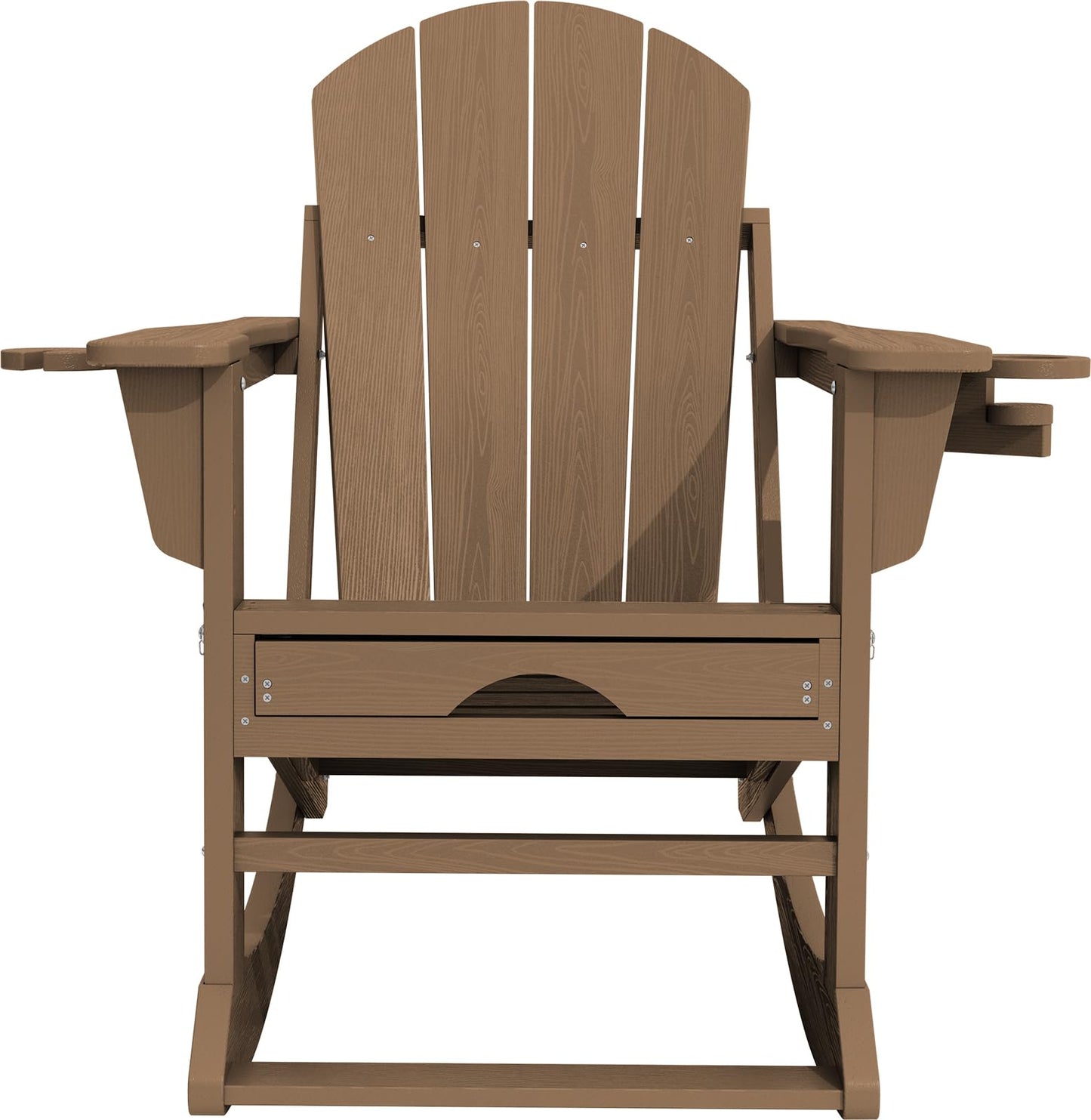 KINGYES Adirondack Rocking Chair Set of 2 with Retractable Ottoman and Cup Holders, HDPE Adirondack Rocker Patio Rocking Chair for Porch, Patio, Balcony, Brown