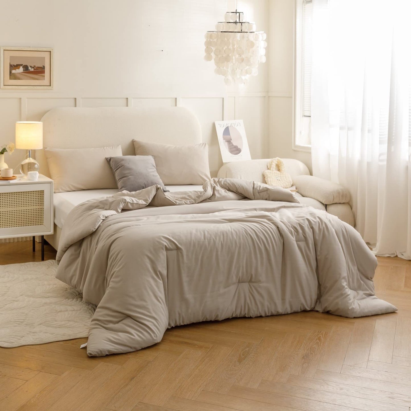 ROSGONIA Queen Comforter Set Oatmeal, 3pcs(1 Boho Oatmeal Comforter & 2 Pillowcases) All Season Soft Bedding Lightweight Bedspread Blanket Quilt
