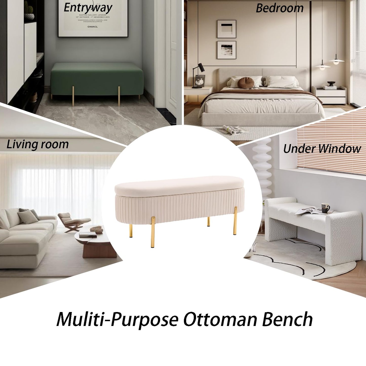AIITTCC Velvet Storage Bench for Bedroom Upholstered End of Bed Bench Modern Ottoman with Gold Legs for Living Room/Window/Entryway (Ivory White, Oval-45.5" W)