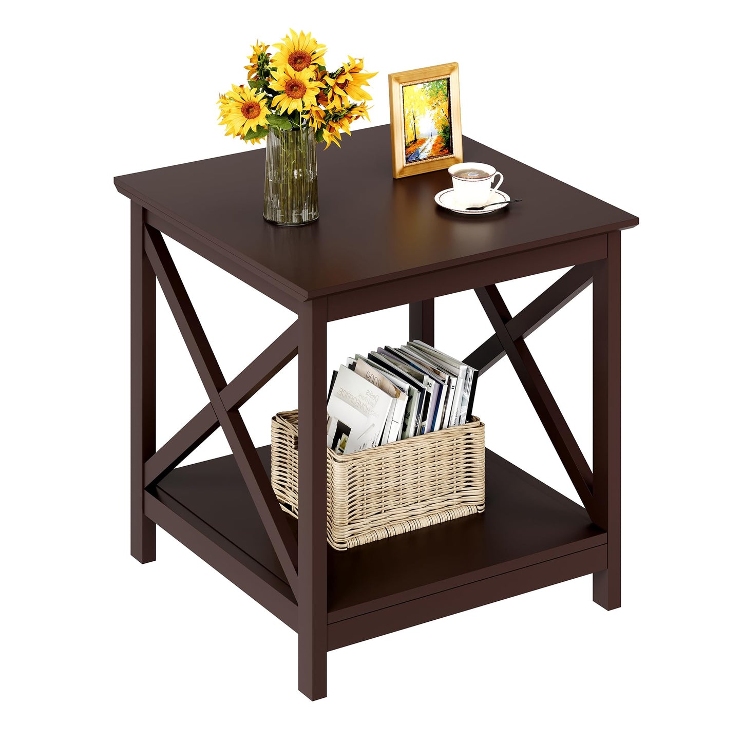ChooChoo End Table, 24 Inch End Table with 2-Tier Storage Shelf, Side Table for Living Room, Wood Nightstand for Bedroom, Office, Painted Surface, Espresso