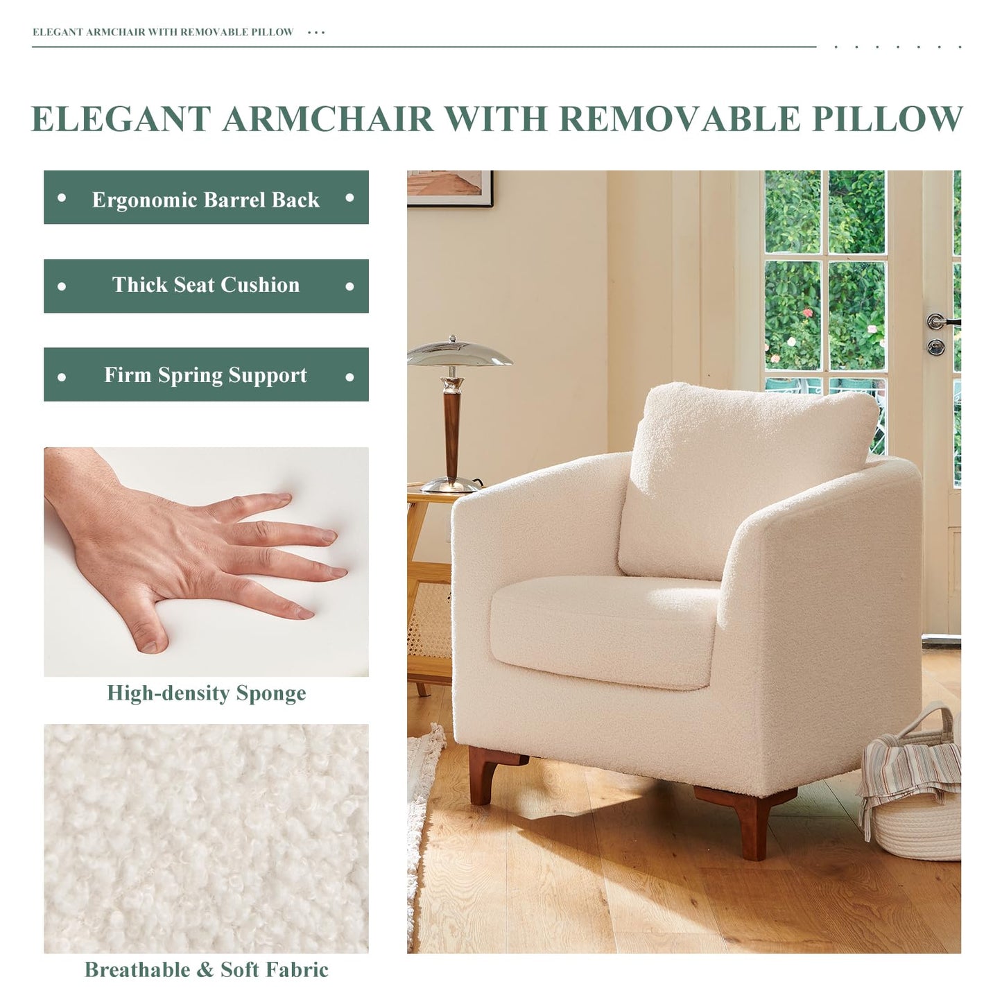 COLAMY Sherpa Accent Chair with Storage Ottoman Set, Upholstered Barrel Arm Chair with Footrest, Modern Living Room Chair with Back Pillow, Cream