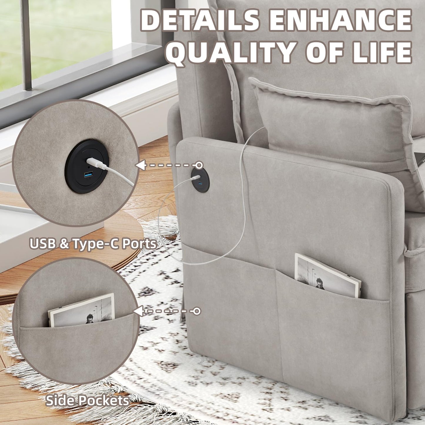 JFHID 3 in 1 Sofa Bed, 72" Pull Out Couch Sleeper Sofa Bed with USB Ports & 4 Side Pockets for Living Room, Apartment, Light Grey