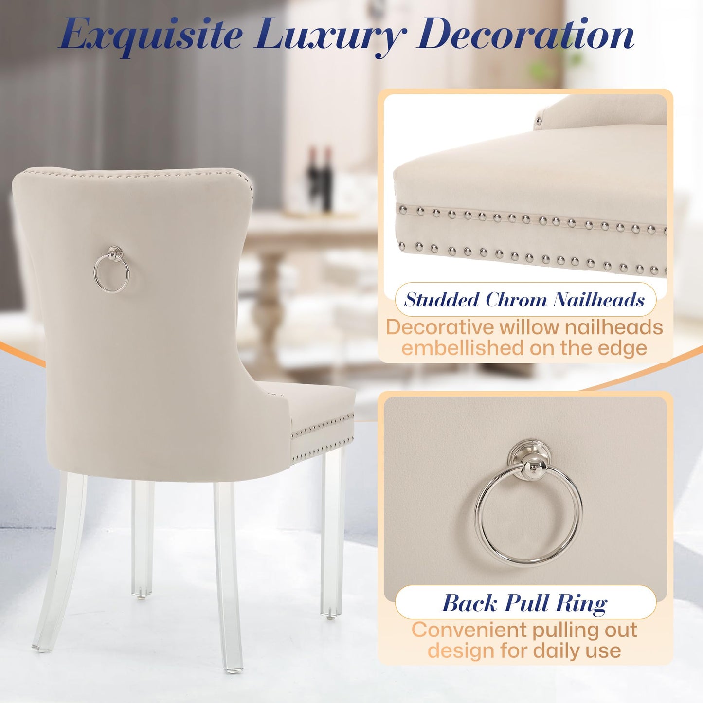 KCC Velvet Dining Chairs Set of 4, Upholstered Tufted Wingback Dining Room Chair with Nailhead Back Ring Pull Trim Solid Acrylic Legs, Contemporary Nikki Collection Style for Kitchen, Beige