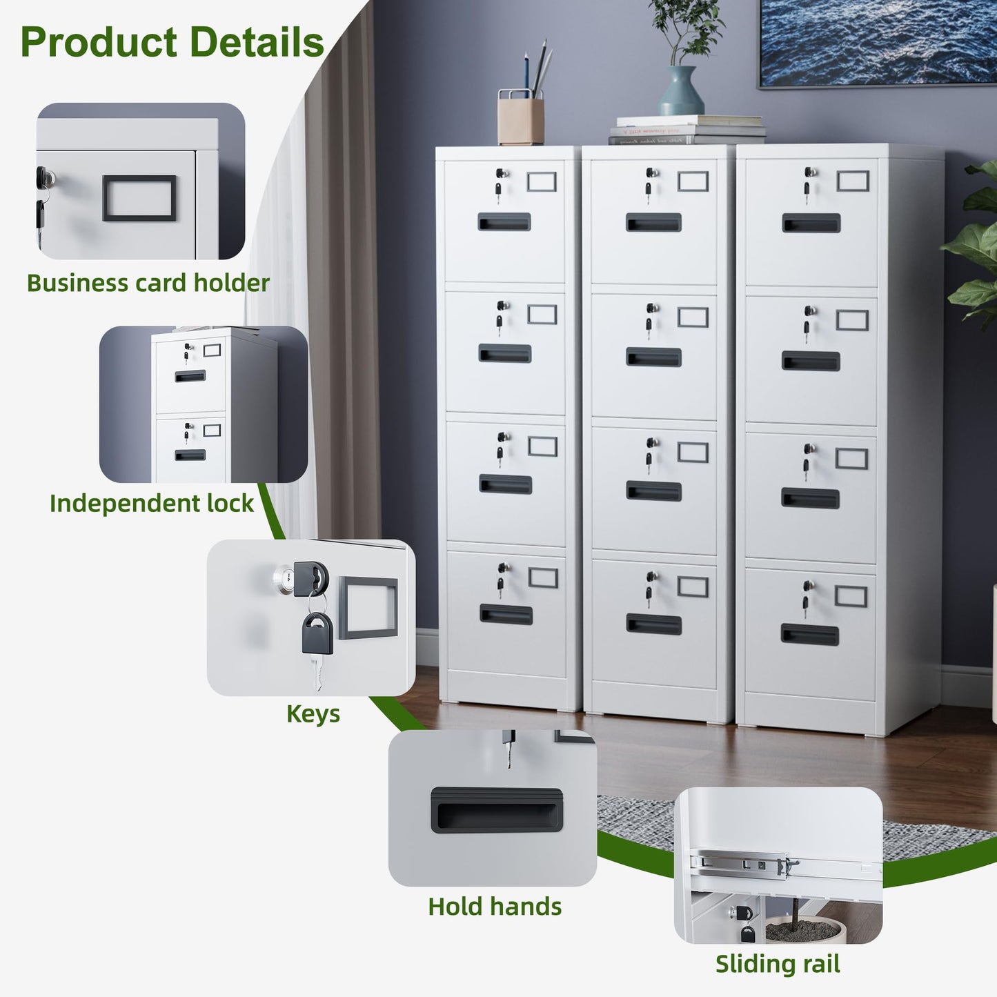 Reemoon Vertical File Cabinet with 4 Drawers,Metal Filing Storage Cabinet with 4 Lock, A4 Letter/Legal Size for Home Office School, Assembly Required,White