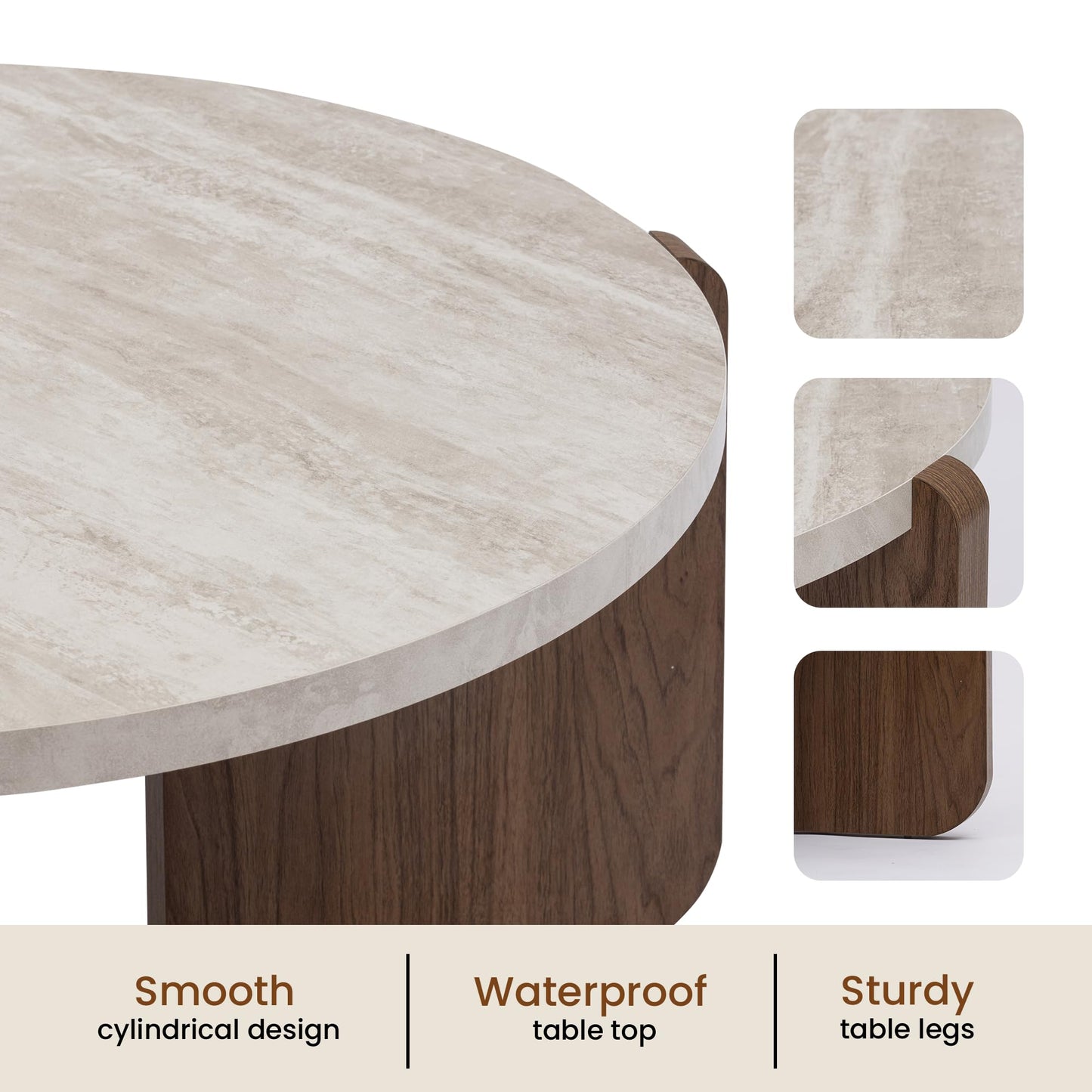 SUNBURY Coffee Table and End Table Sets, Round Marble Modern 3-Piece Living Room Table Set for Office, Living Room, Apartment, Small Space, Easy Assembly Living Room Furniture, Faux Marble