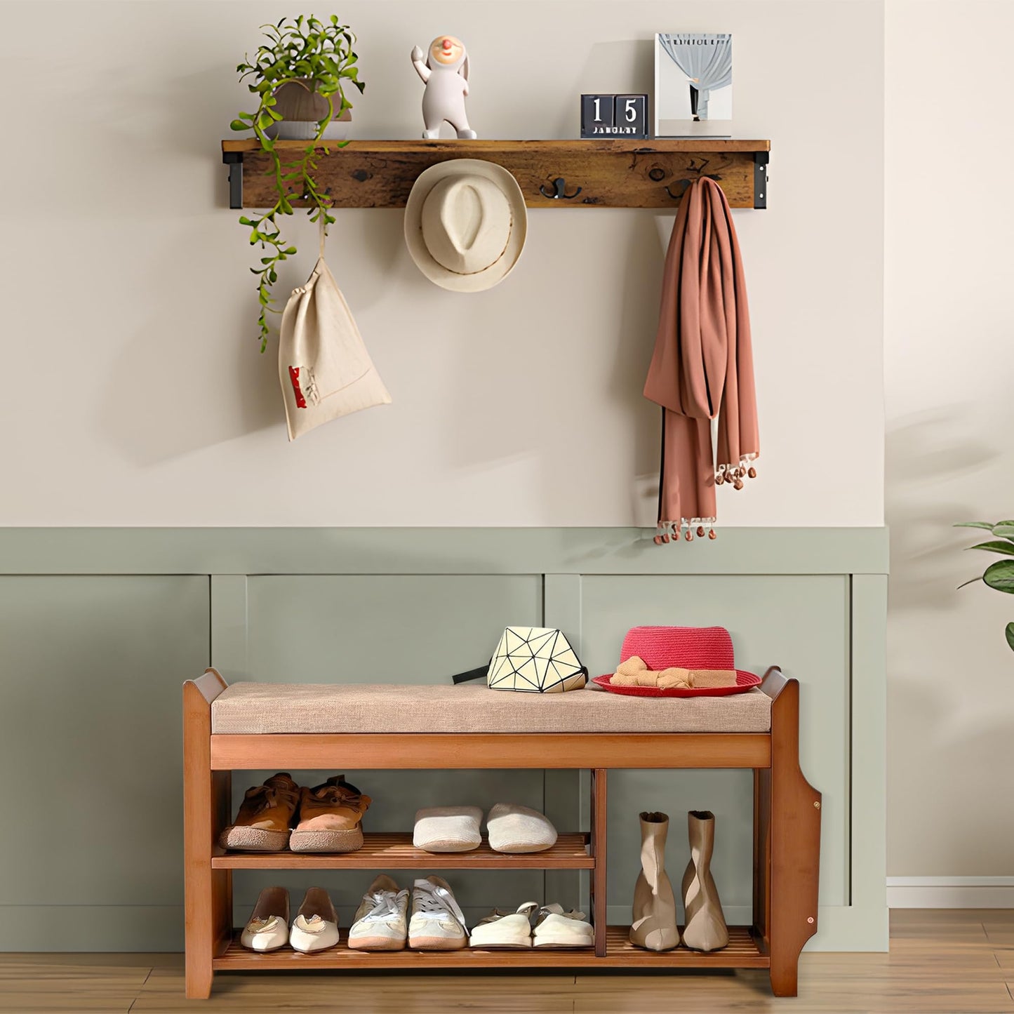 DOUSY Shoe Storage Bench for Entryway, Bamboo Entryway Bench with Hidden Drawer and Side Brackets,2-Tier Shoe Rack Organizer for Entryway, Hallway,Bedroom and Bathroom