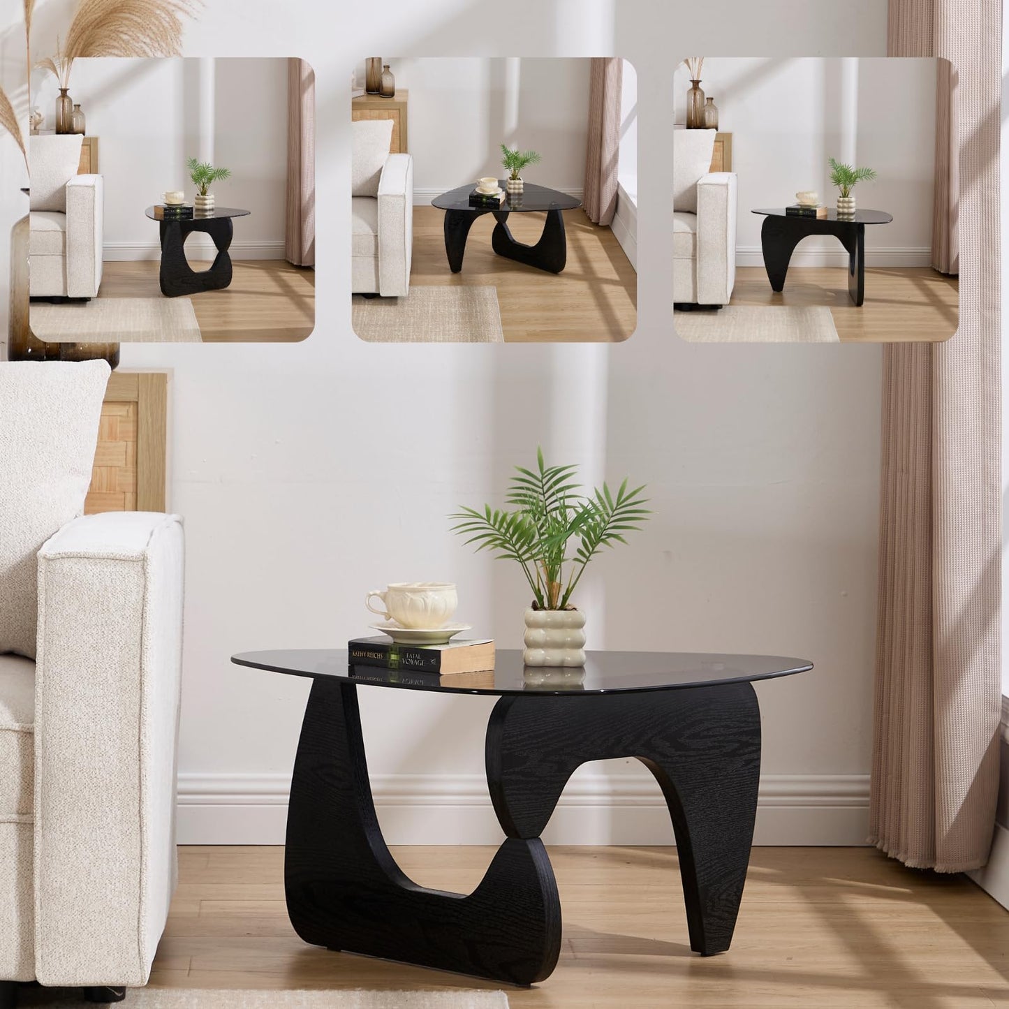 DUOMAY Modern Triangle Glass Coffee Table, 16 Inch High Glass Top Abstract Small End Table with Solid Natural Wood Base, Tea Table Suitable for Living Room, Office, Patio, Apartment, Black Wood