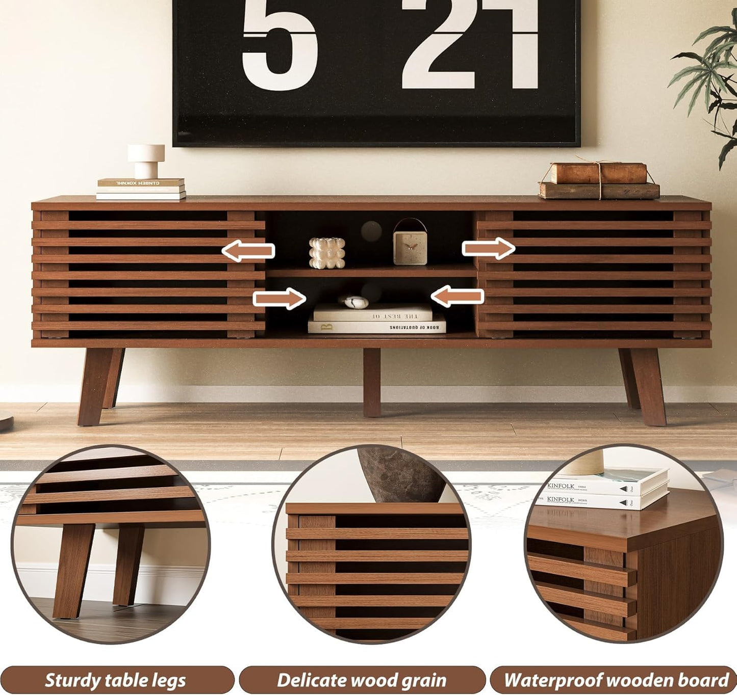 MAISONARIA Living Room Table Sets of 2, Mid Century Coffee Table & Dresser TV Stand, Sliding Door Coffee Table with Storage, Modern TV Stand for Bedroom, Living Room (Walnut)