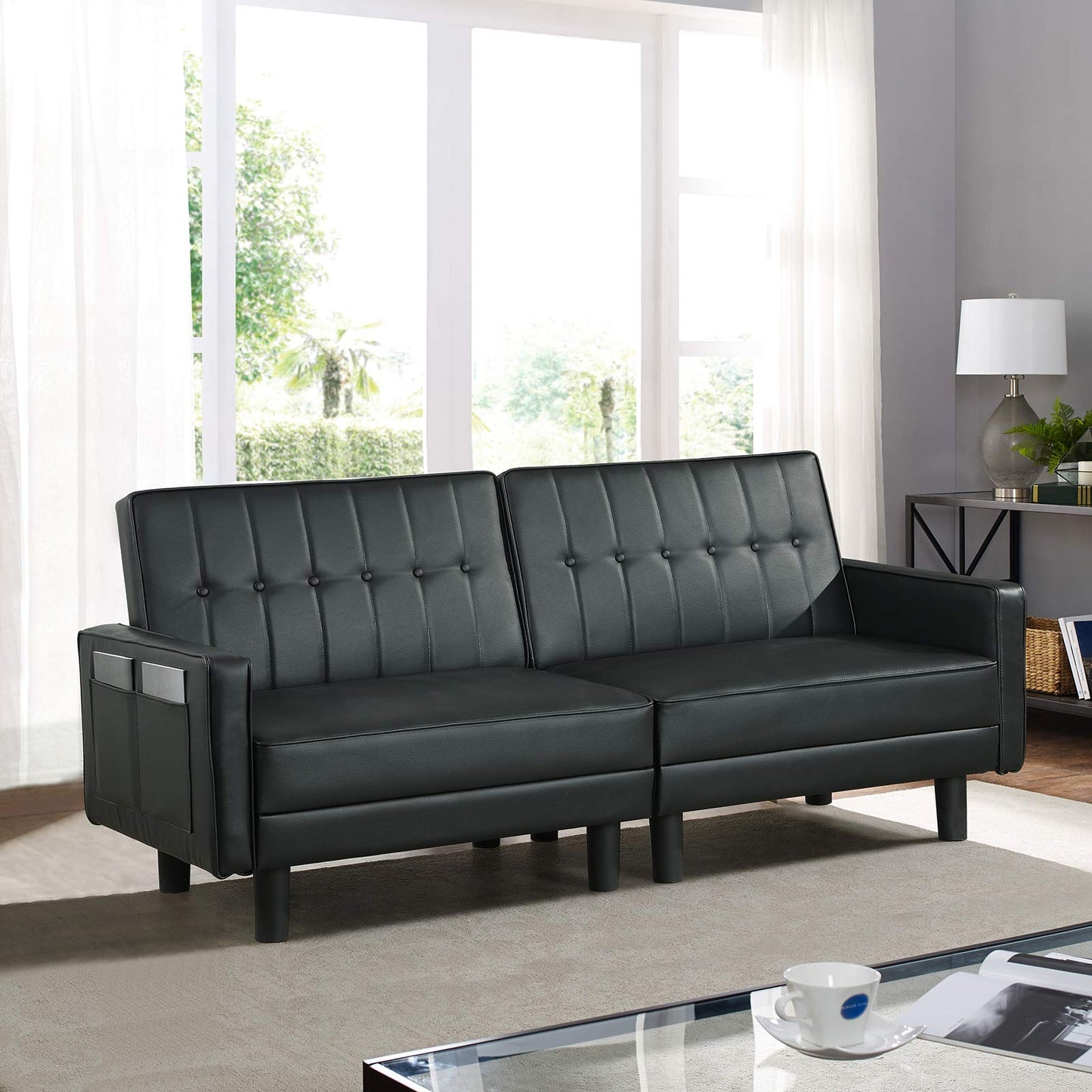 IPKIG Futon Sofa Bed - Faux Leather Convertible Sleeper Sofa with Adjustable Backrest and Side Pockets, Small Loveseat for Rentals, RVs, Bedroom, Guest Rooms (Black, Loveseat)