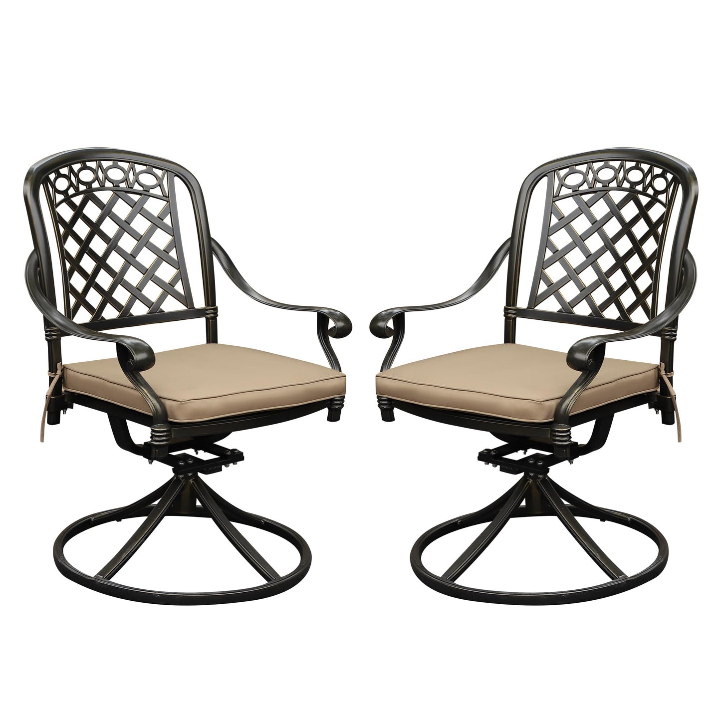 Sumshadow 2 Piece Cast Aluminum Outdoor Swivel Dining Chairs, All-Weather Patio Swivel Rocker Chair Sets with Cushion for Garden, Backyard, Poolside, Bistro (Khaki, 2 Pieces)