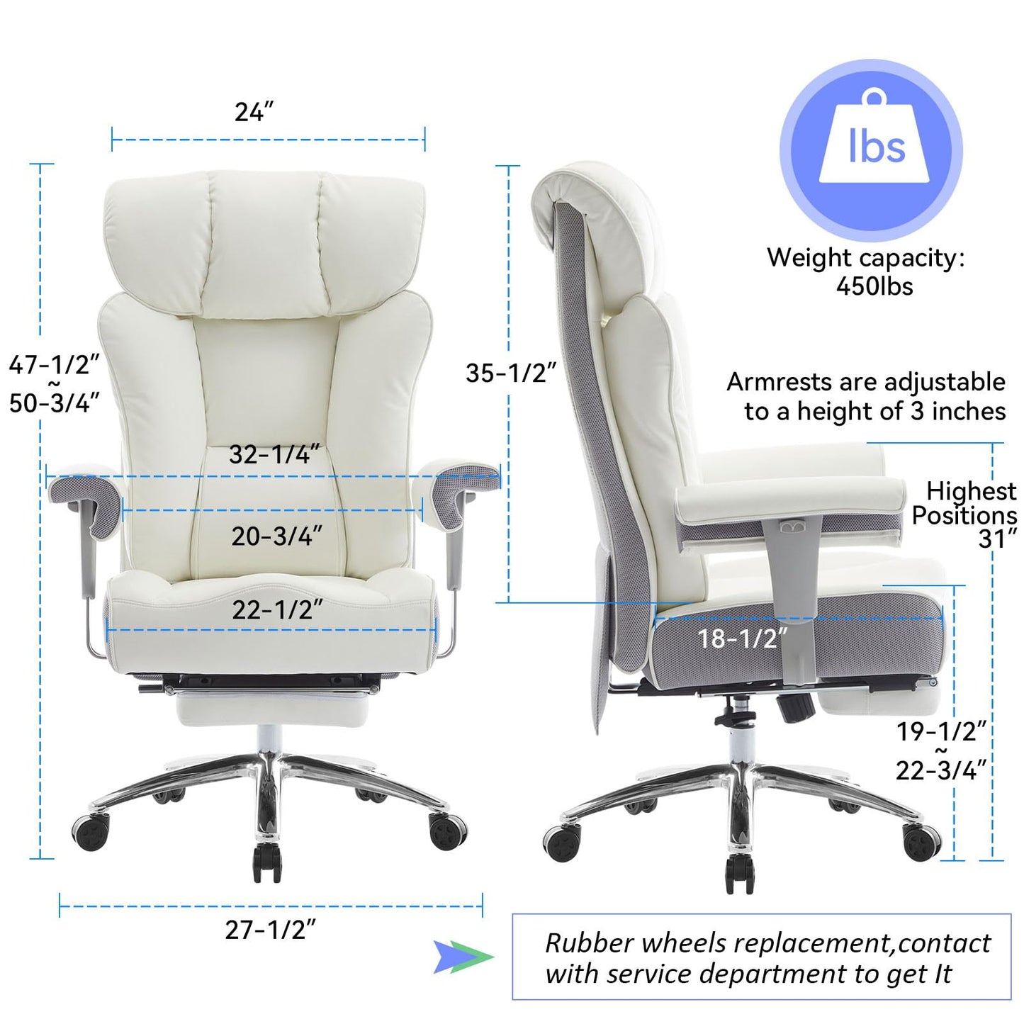 Efomao Big and Tall Office Chair 450LBS with Foot Rest, High Back PU Leather Executive Office Chair with Adjustable Padded Armrests, Lumbar Support for Home or Work, Heavy Duty Computer Chair, White