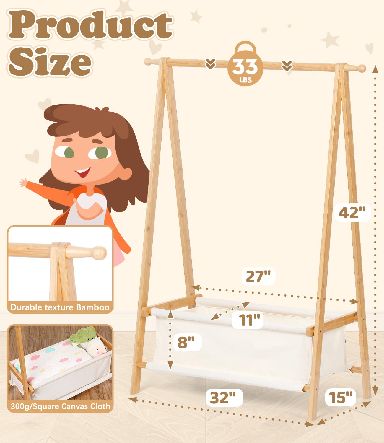 Relquorax Kids Clothing Rack with Storage, Dress Up Rack, Child ClothesRack, Small Garment, for Costume, Bamboo (Natural Color)