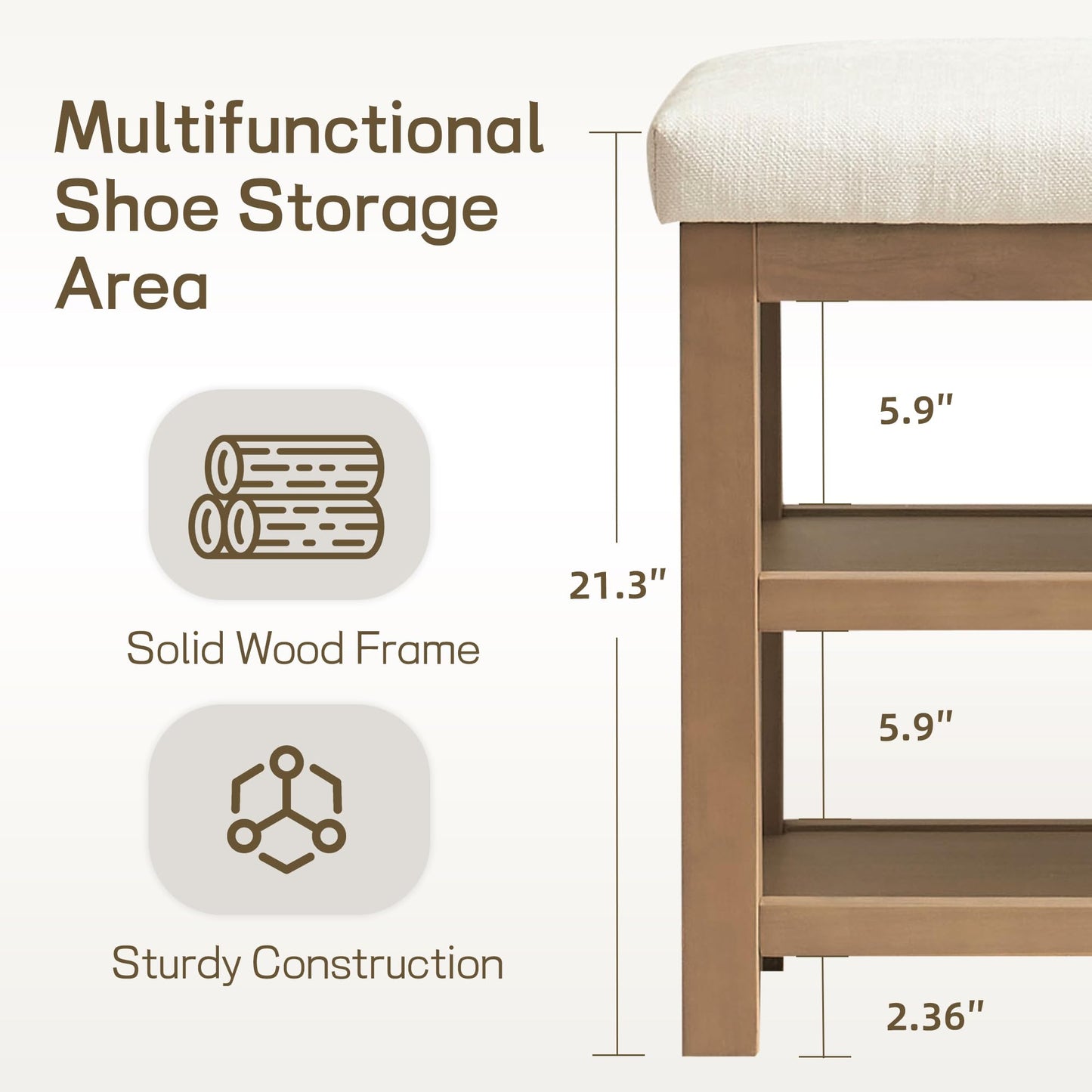Zihanhome 2 Tier Shoe Rack Bench with Cushion, Solid Wood Shoe Benches, Mid-Century Modern Shoe Storage Bench for Entryway, Hallway, Living Room, Closet, Front Door Entrance, (Beige, 39.4")