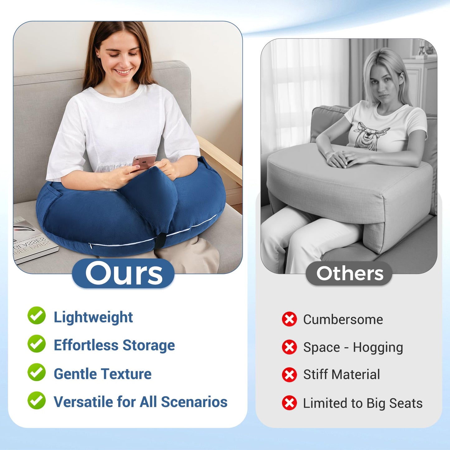 COOLBEBE Reading Pillow for Gaming, Arm Rest Support Pillow, U-Shaped Lap Pillow for Bed & Sofa, Compact Gaming Pillow with Tablet Support for Reading, Crocheting(Navy Blue)