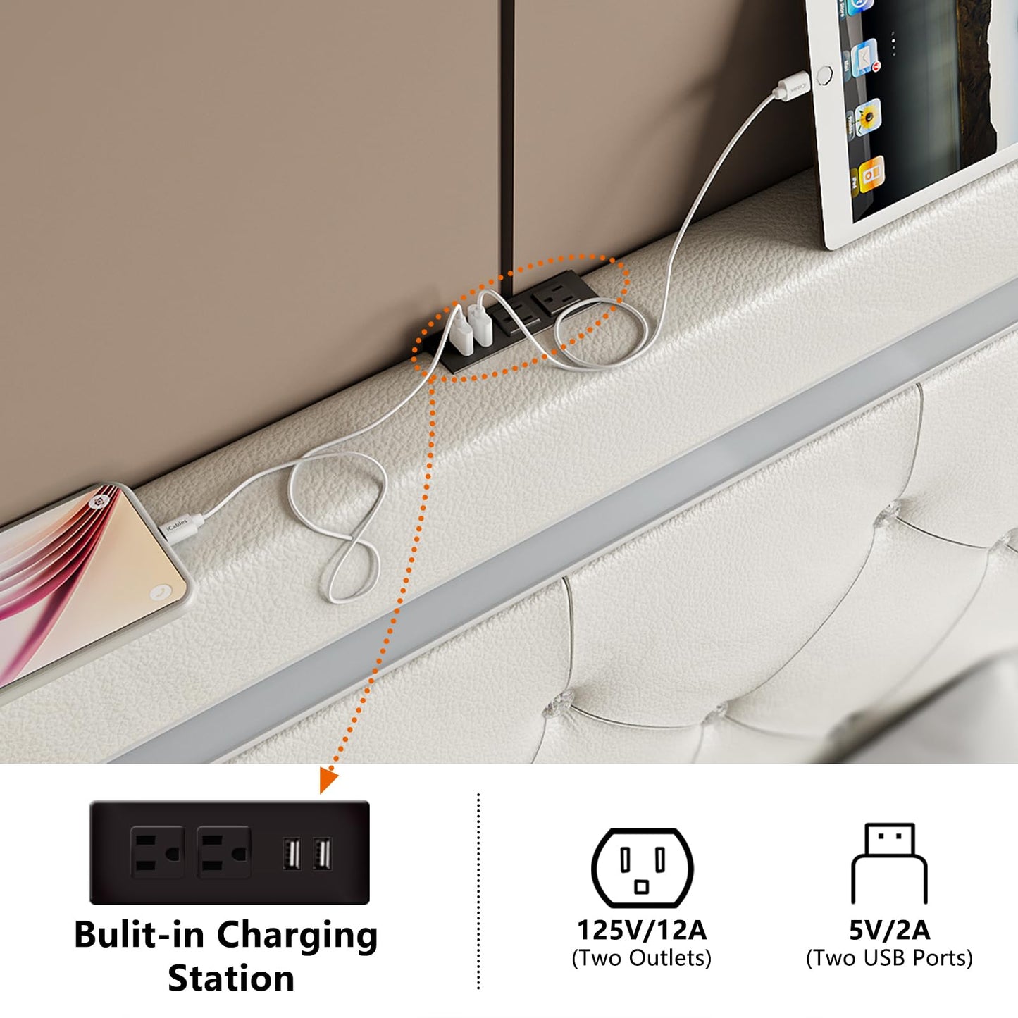 Benevika King Size Bed Frame with LED Lights, Upholstered Platform Bed Frame, Adjustable Headboard with Charging Station, Wooden Slats Support, Easy Assembly, No Box Spring Needed, White