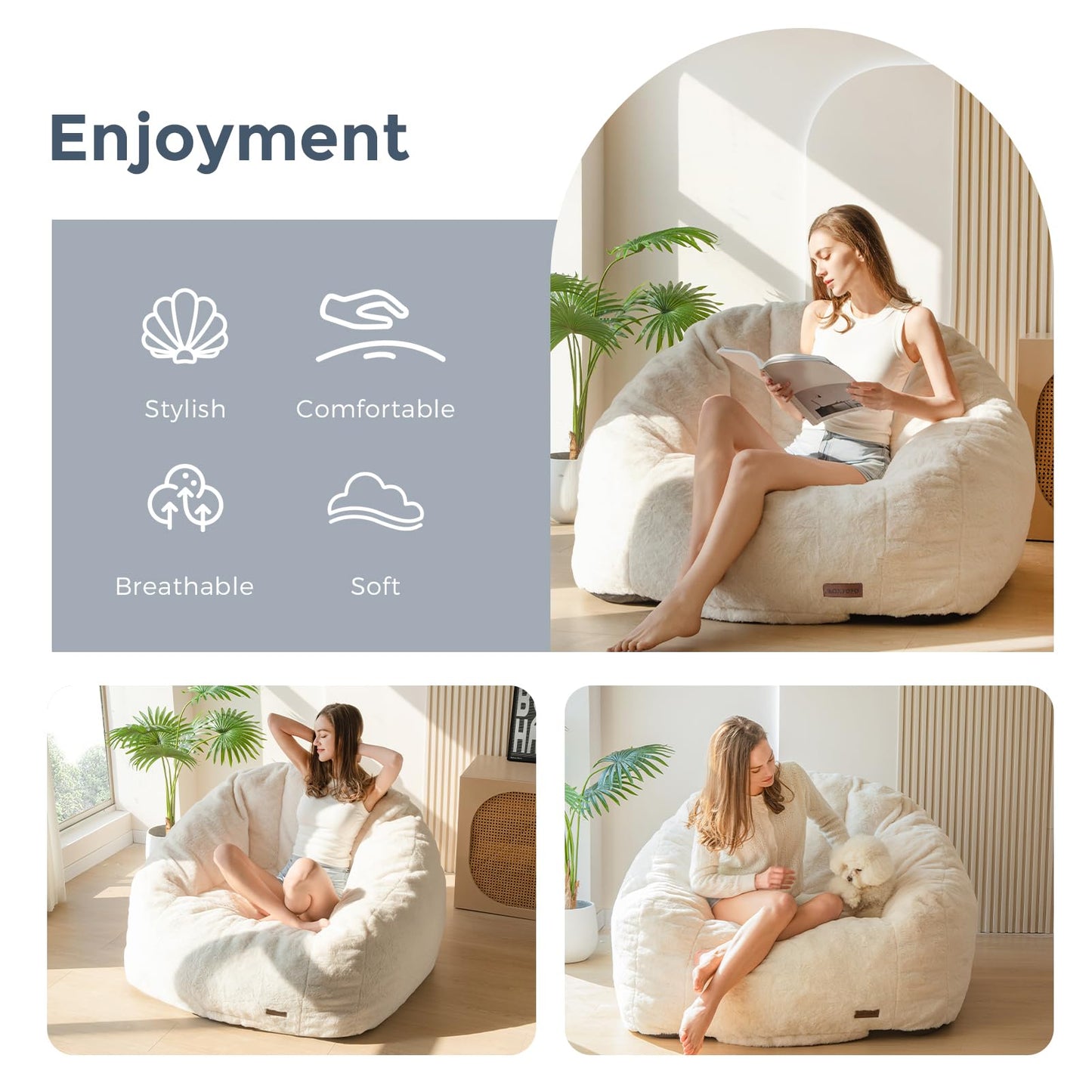 MAXYOYO Giant Bean Bag Chair, Oversized Bean Bag Couch for Adults and Kids, Faux Fur Shell-Shaped Large Chair with Filler, Stuffed Big Accent Sofa Lounge Floor Sofa for Gaming, Reading, Beige