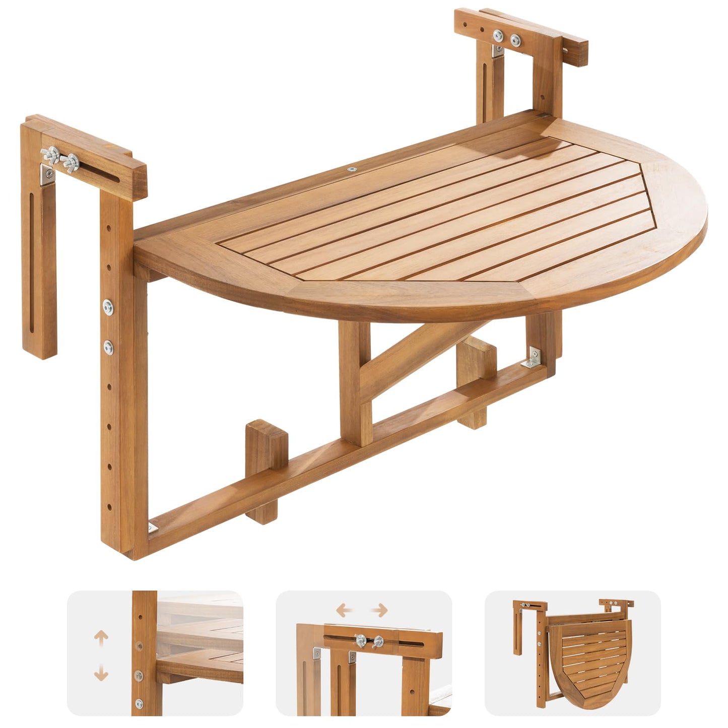 IDZO FSC Acacia Wood Folding Balcony Bar Table for Railings, Adjustable Height & Width, Teak Brush Finish Durable Against Weather, Ideal Spacious Dimension of 27 9/16 x 21 5/8 Inch, Half-Round Design