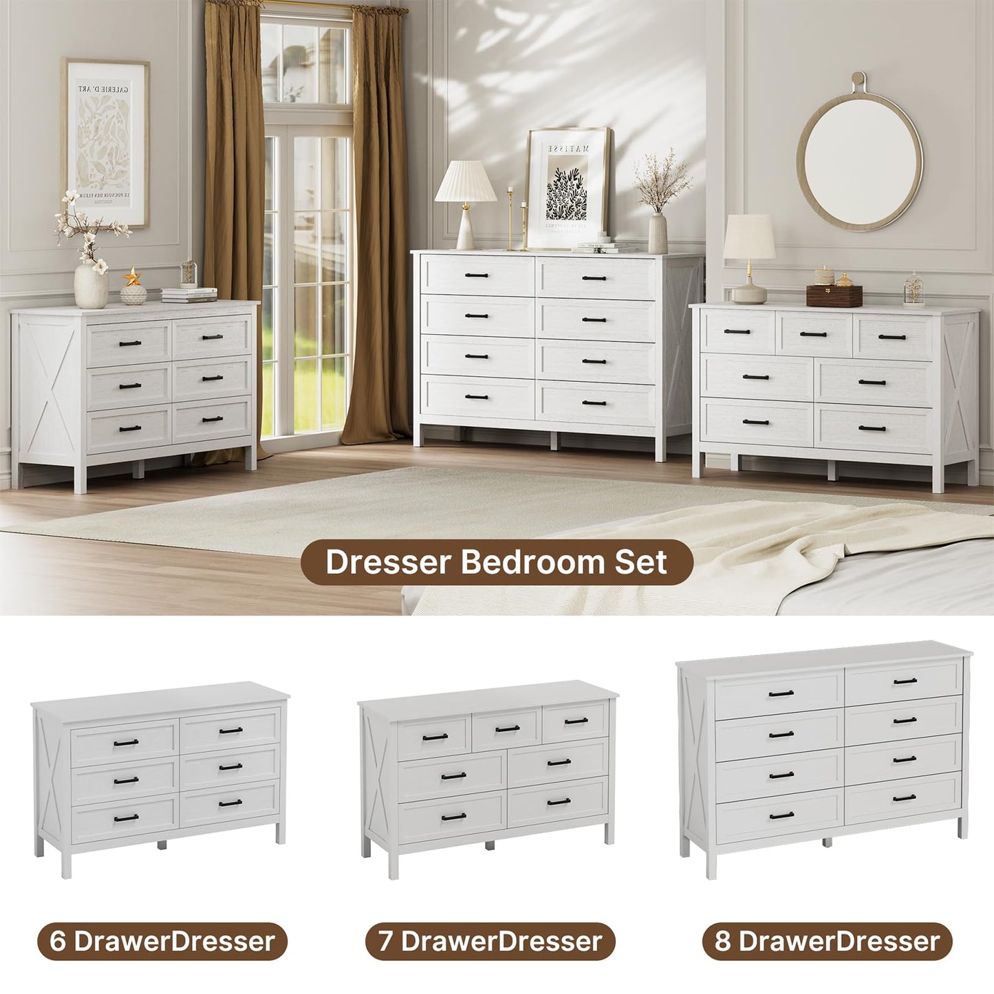 LYNSOM Farmhouse 8 Drawer Dresser for Bedroom, 55 Inch Wide Wood Rustic Chest of Drawers with X-Marking & Bar Handle, Large Storage Dressers Organizer for Bedroom, Living Room, White
