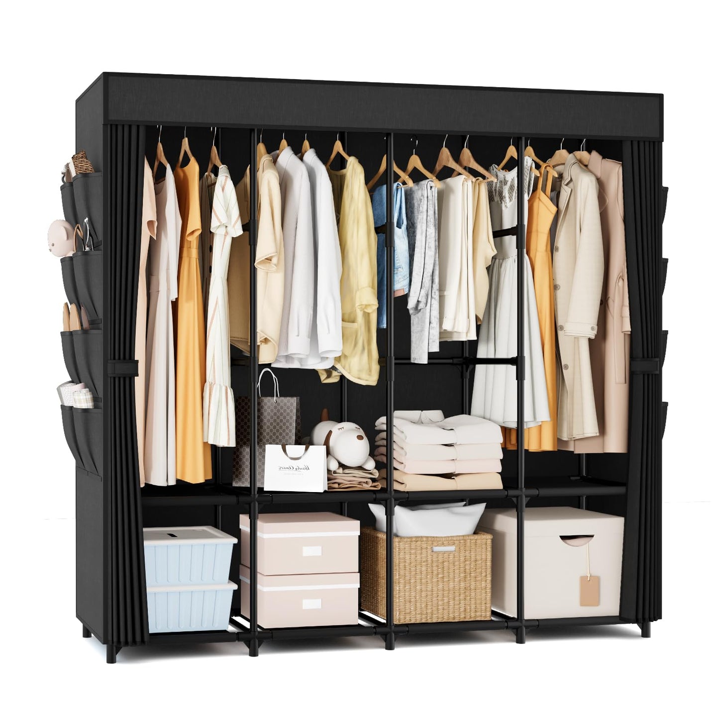 BrFoYu Portable Closet for Hanging Clothes, 67 Inch Wide Portable Wardrobe Closet with Cover, 4 Hanging Rod, Storage Shelves and Side Pockets, Large Free Standing Closet for Bedroom, Black