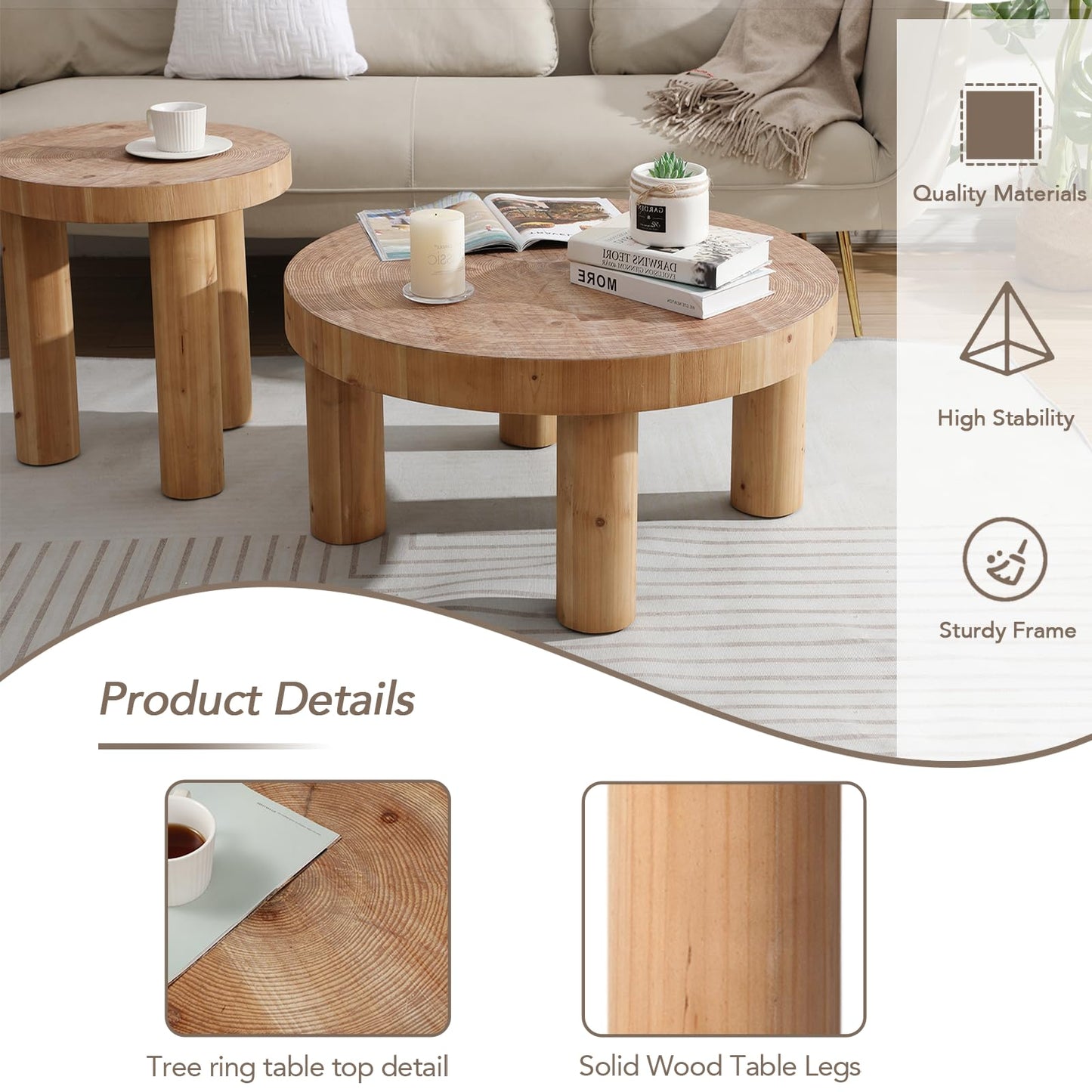 RUSTOWN 2-Piece Round Farmhouse Coffee Table, Rustic Coffee Table Sets, Circle Wooden Ring Finish with Solid Wood Legs, Center Tables Set for Living Room (Natural)