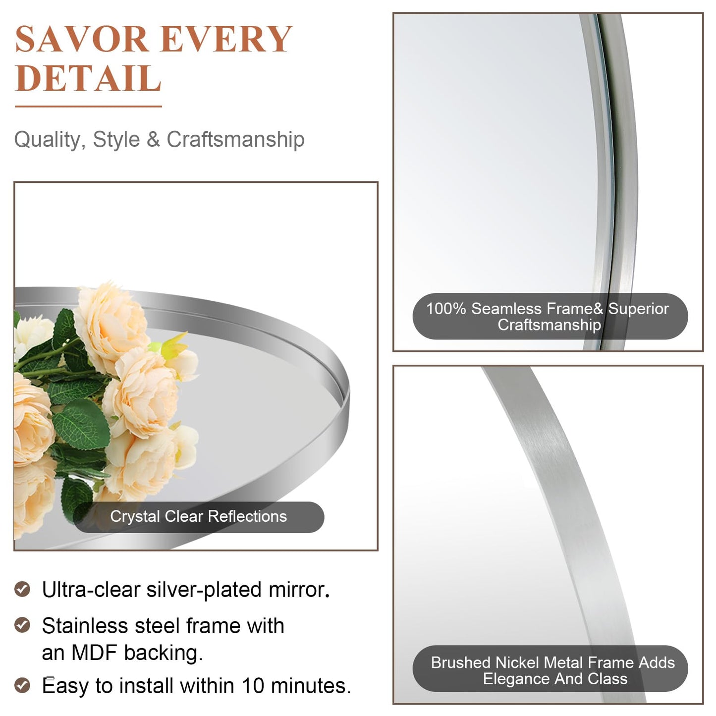 ANDY STAR Arched Mirror, 20" x 30" Brushed Nickle Bathroom Mirror in Stainless Steel Metal Frame, Arch Top Rounded Corner 1" Deep Set Design Wall Mount Hangs Vertical