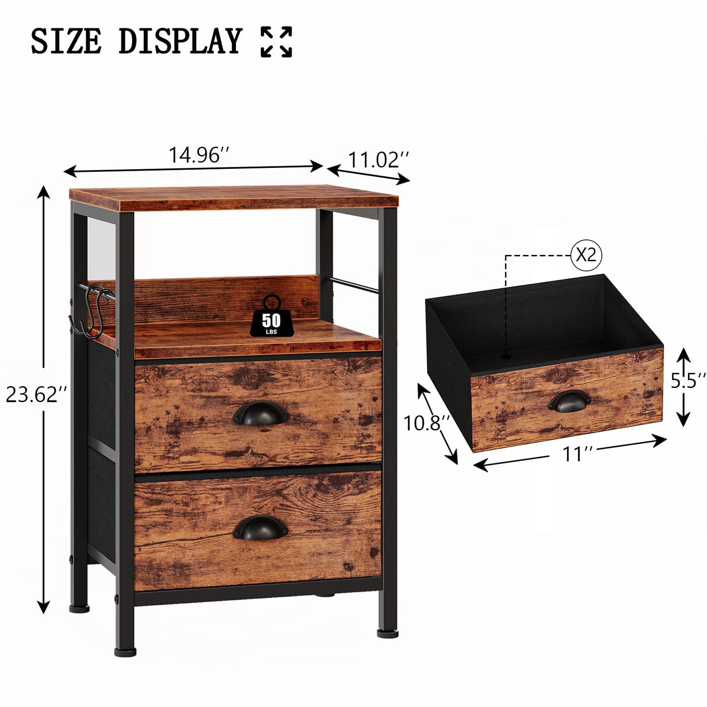 Furologee Nightstands Set 2, Bedside Table with 2 Fabric Drawers, End Table with Hooks and Shelf, Side Table for Bedroom/Living Room/Study/Hallway/Brown