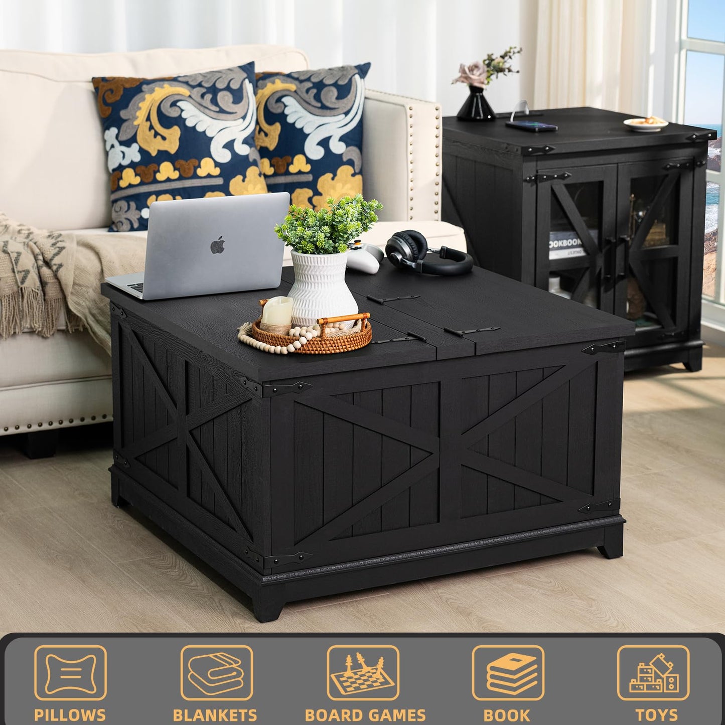 Joaxswe Farmhouse Living Room Sets, Coffee Table with Hidden Storage Organizer and Nightsands with Charging Station, Coffee Table Set of 3 for Living Room,Office, Home