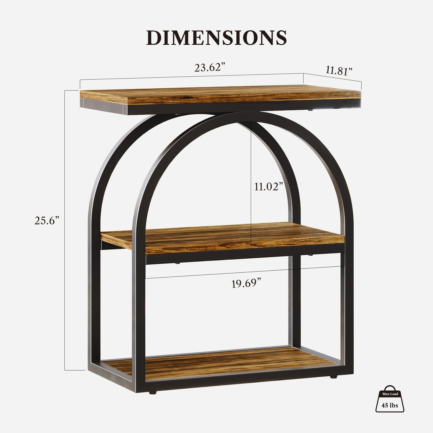 LIKEMET Side Table, End Table with 3-Tier Storage, 25" Bedside Table with Arched Metal Frame, Industrial Nightstand for Living Room, Bedroom, Rustic Brown