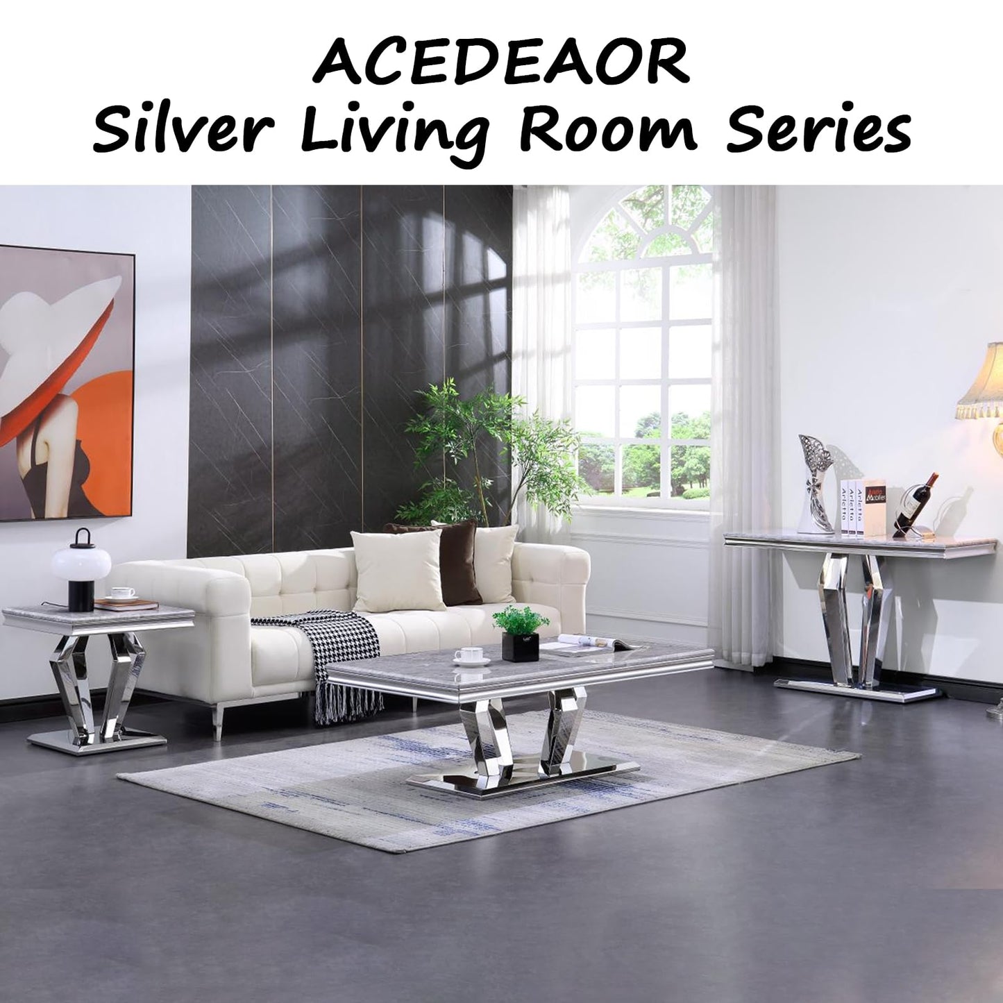 ACEDÉCOR 22" Square End Table, Silver Side Table with Graceful Grey Striped Top and Mirrored Diamond Shaped Base, Heavy Duty Corner Table for Living Room, Sofa, Couch