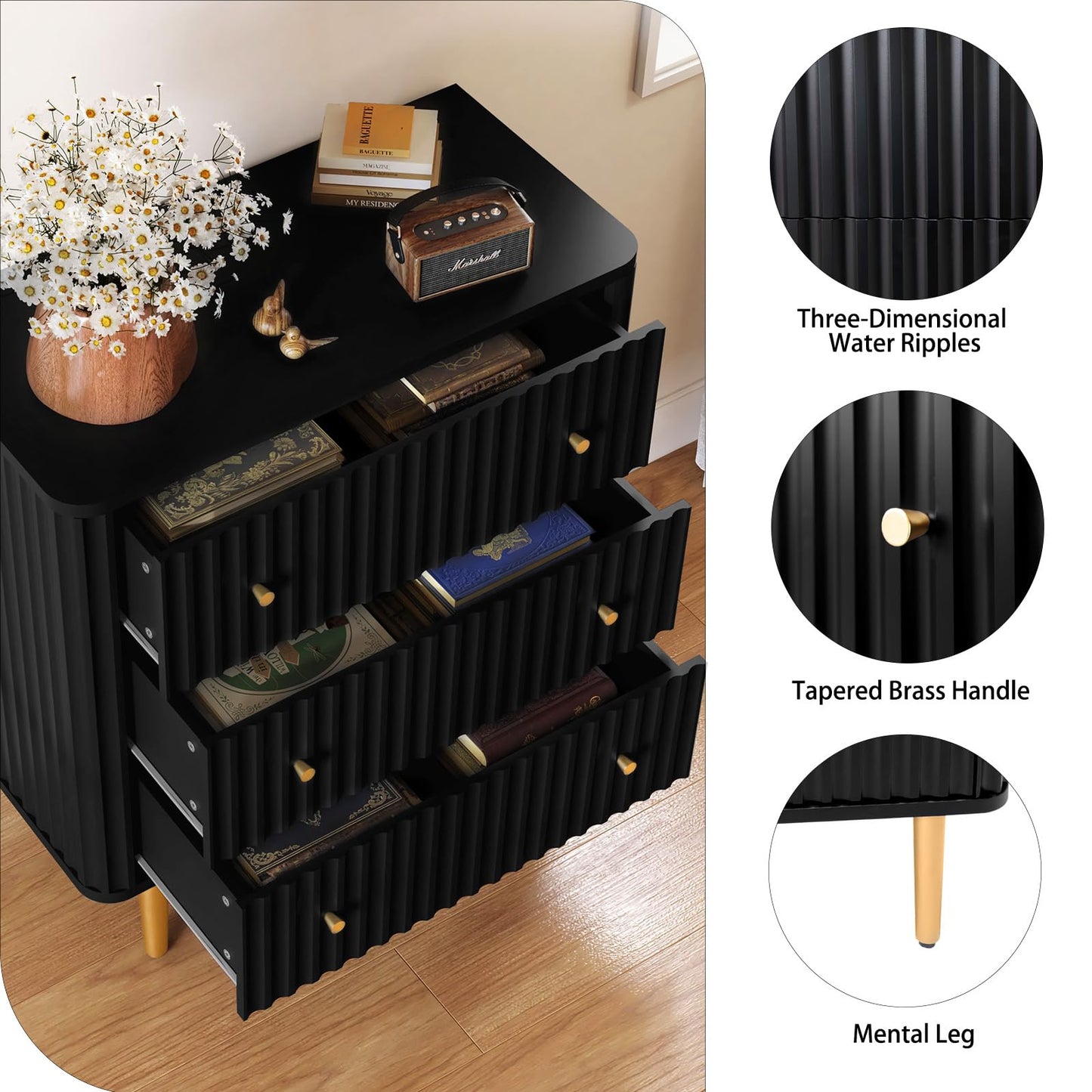 HLR Black Modern 3 Drawer Dresser for Bedroom - Wood Storage Cabinet with Fluted Texture, Spacious Chest of Drawers Organizer for Living Room,Closet,Hallway