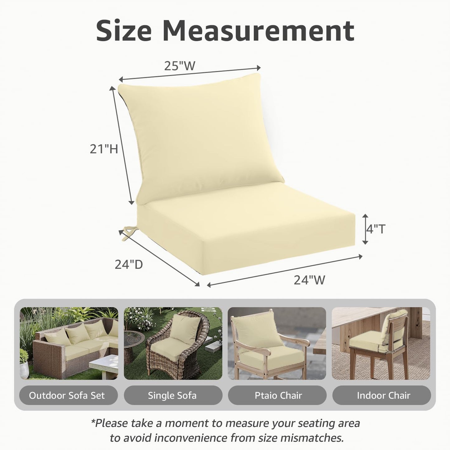 PatioGlow Outdoor Seat Cushion Set 24 x 24 x 4 Inch, Waterproof & Fade Resistant Patio Furniture Cushions with Removable Cover and Ties, Thick Deep Seating Pads for Outside Chair Sofa Couch, Yellow