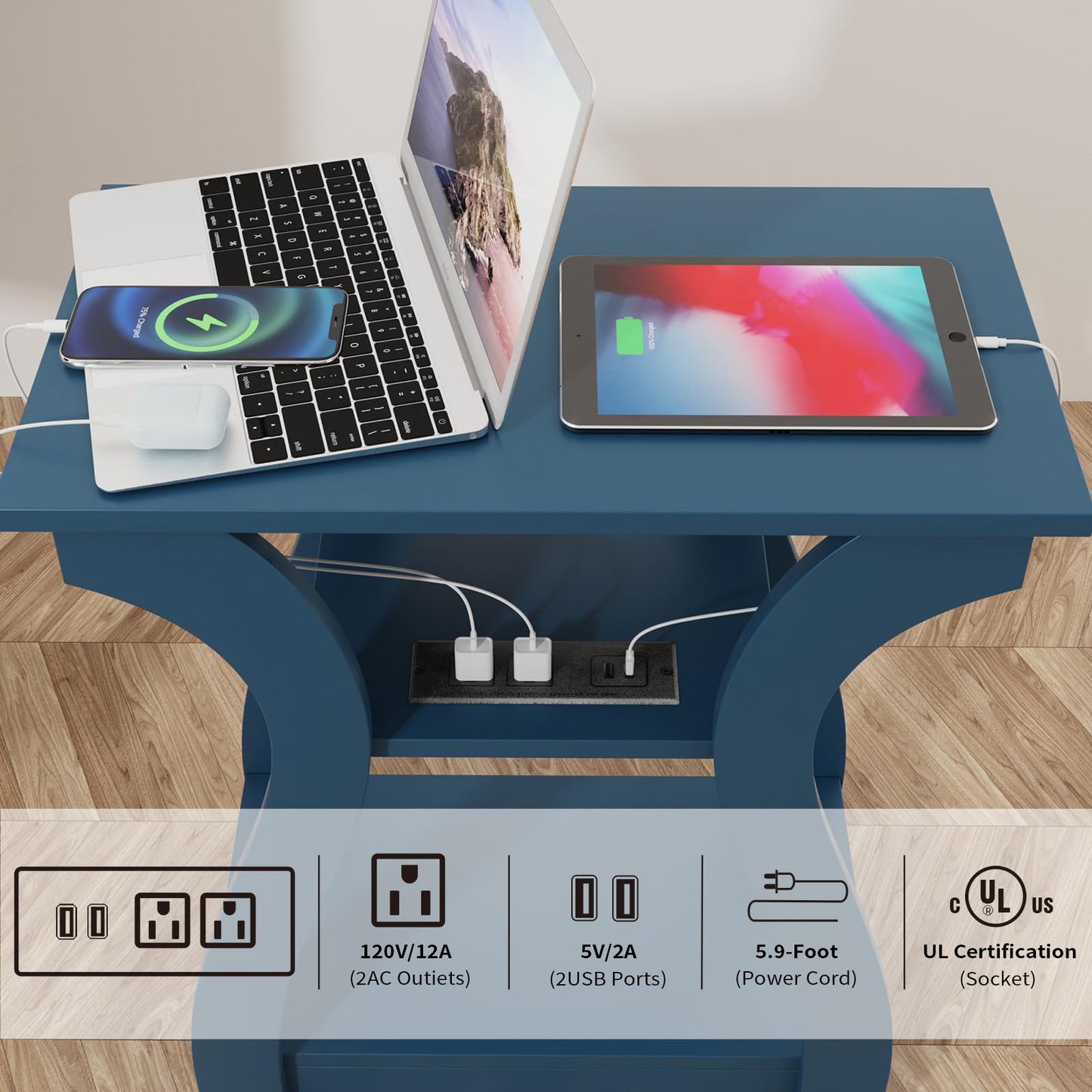 FROMJBEST End Tables Living Room Set of 2,End Table with Charging Station and USB,Navy Blue Side Table, Nightstand for Bedroom,3 Tier End Table with Storage Shelf for Living Room Navy Blue