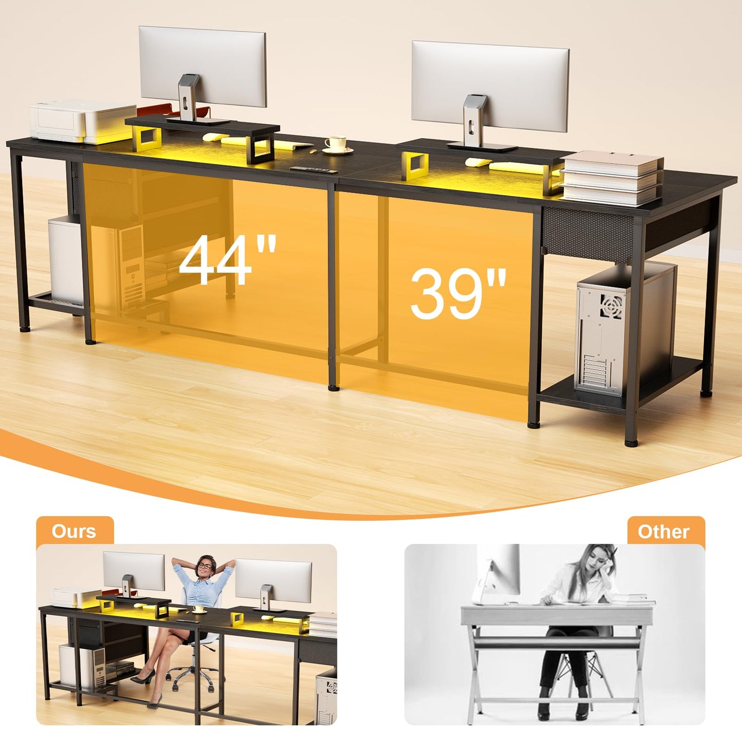 Korfile 93" Two Person Office Desk, Long Computer Gaming Desk with Power Outlets & LED Lights, Large Home Office Desk with 4 Storage Drawers & 2 Monitor Stand for Work Writing Study