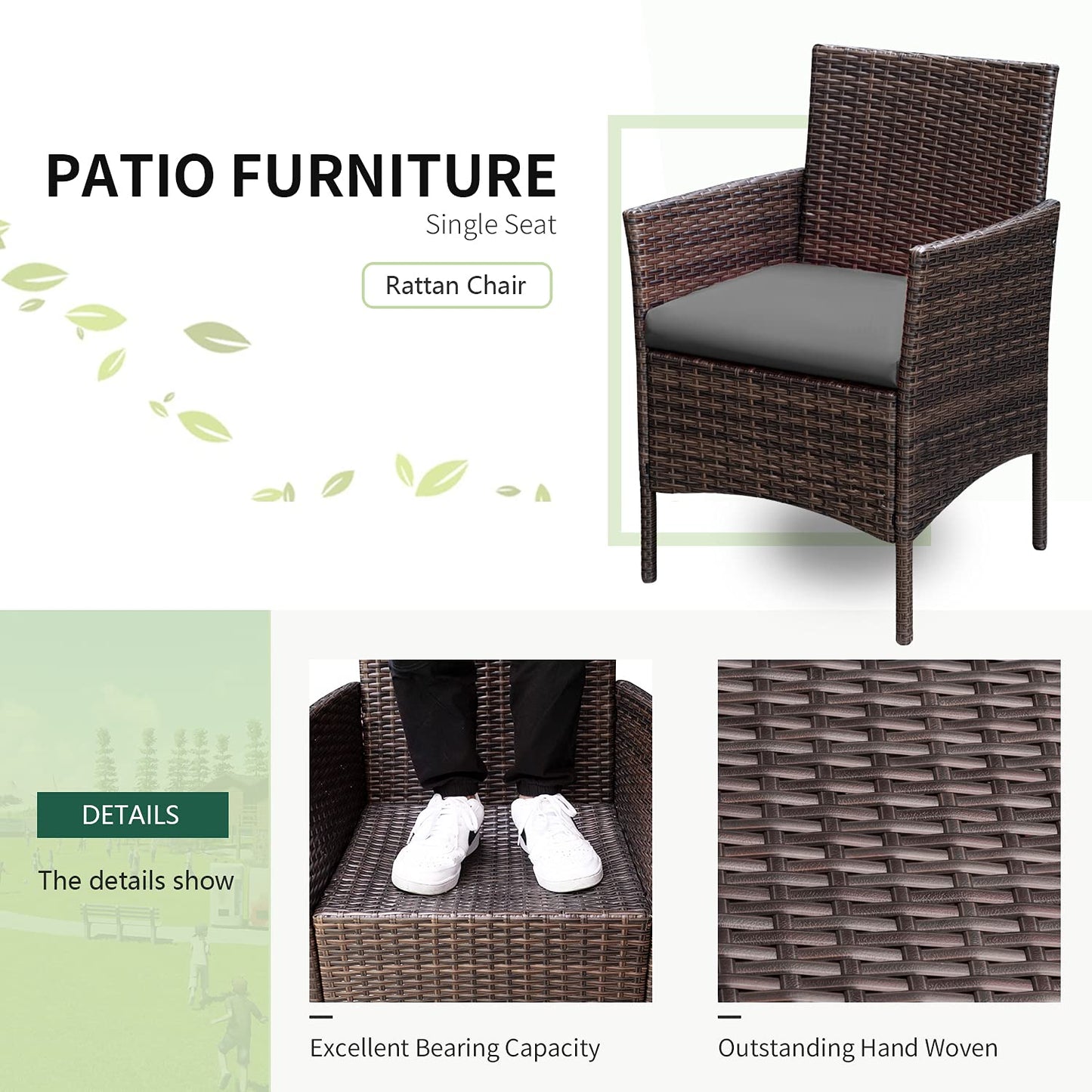 Greesum 3 Pieces Patio Furniture Sets Outdoor PE Rattan Wicker Chairs with Soft Cushion and Glass Coffee Table for Garden Backyard Porch Poolside, Brown and Gray