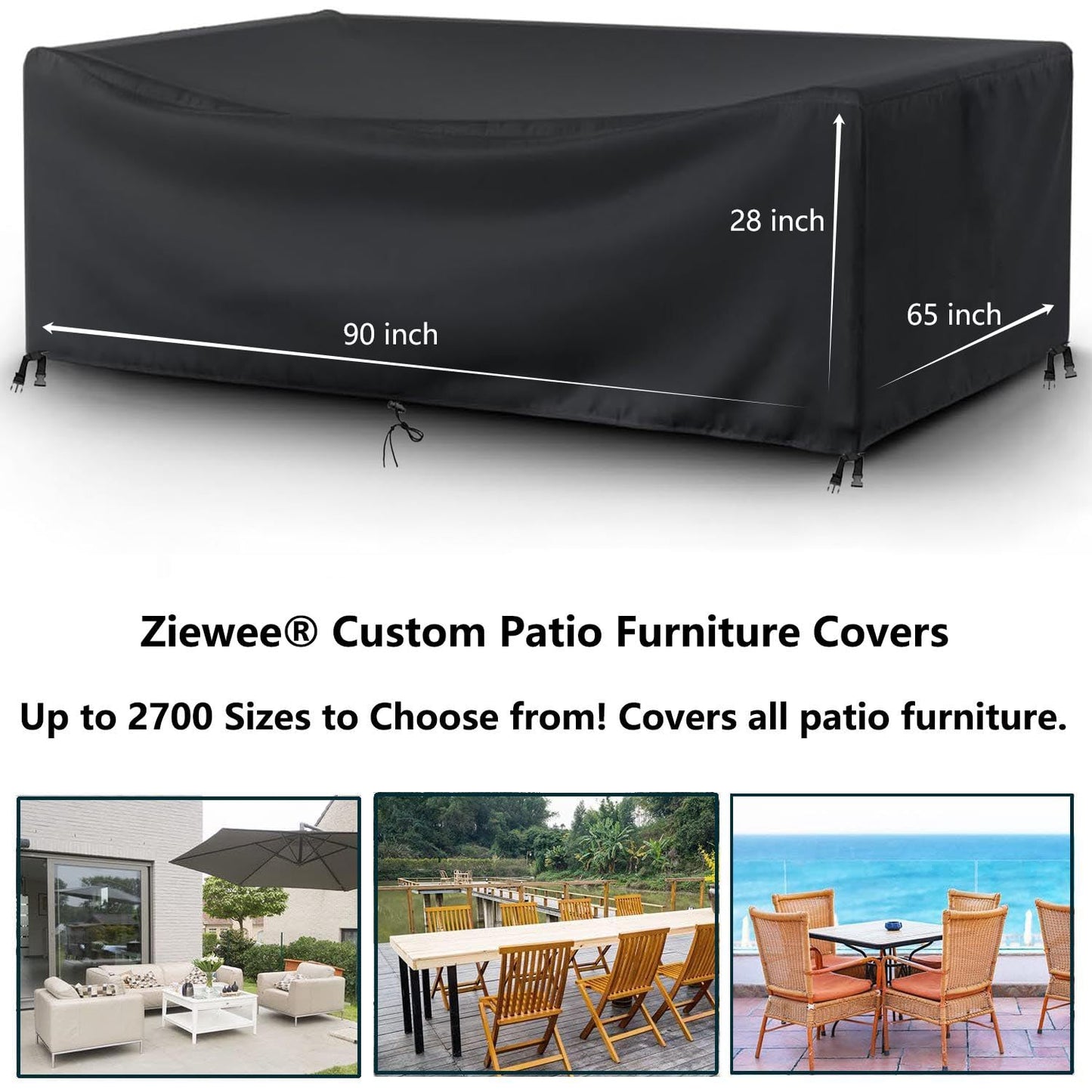 Patio Furniture Covers Outdoor Table Cover Waterproof Rectangular 420D Garden Dining Table Cover Wind Dust Proof Anti-UV Patio Sectional Couch Cover Table and Chair Set Covers 90"Lx65"Wx28"H Black