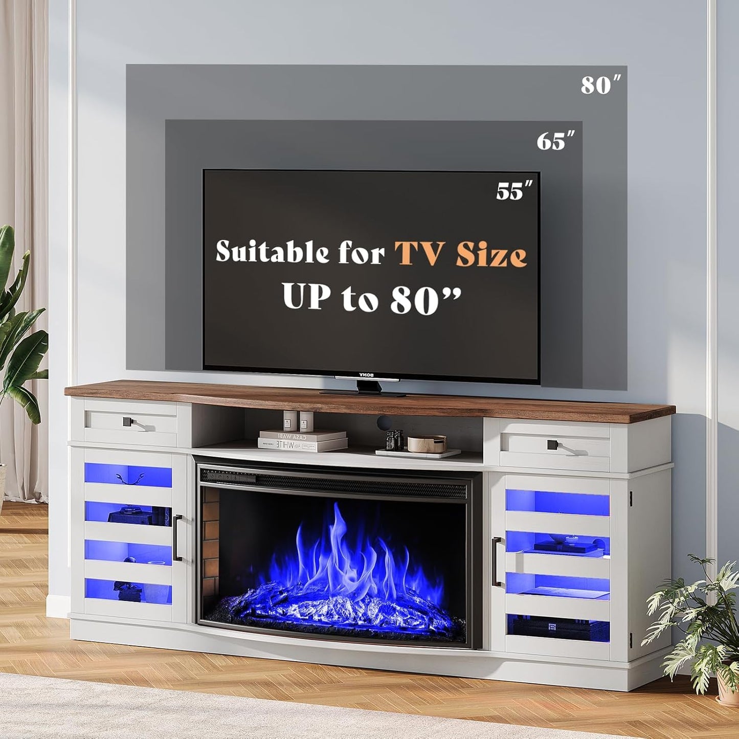 AMERLIFE Farmhouse Living Room Table Set of 4, Include 70" Fireplace TV Stand with 36" Curved Electric Fireplace, Coffee Table & 2 End Tables with Charging Station, White+Barnwood