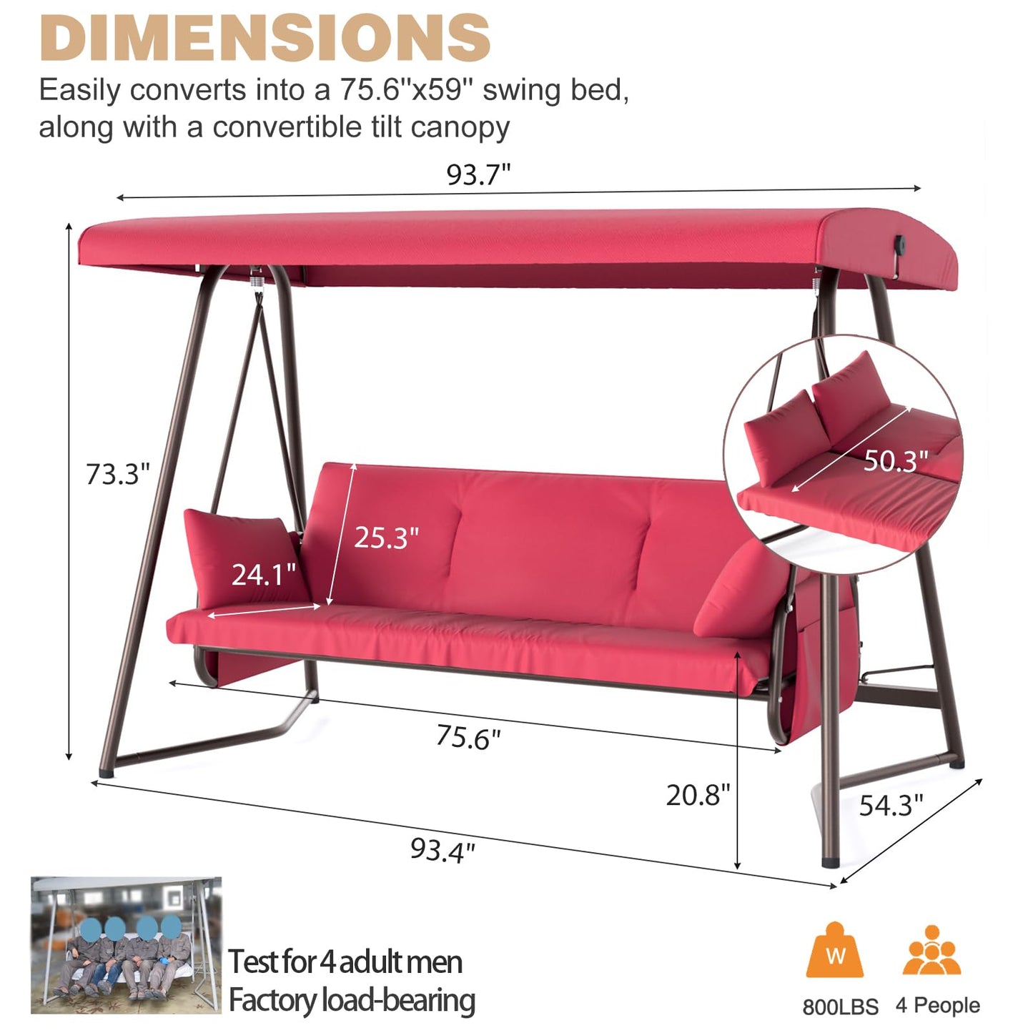 LUTINLIX 3-4 Person Oversized Outdoor Porch Swing with Adjustable Backrest Canopy,2-in-1 Swing Bed 800 lbs Capacity,Patio Swing with Removable Cushions for Yard Garden Poolside Balcony